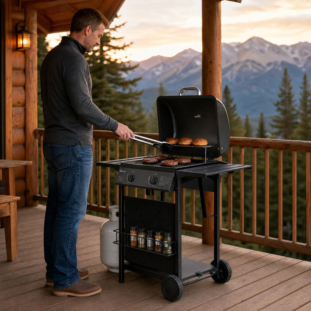 2 Burner 18000 BTU Propane Gas Grill Freestanding Outdoor BBQ Grill Dual?Zone Flat Top Grill with Warming Rack Side Tables for Backyard Patio Garden Family Outdoor Cooking Cozynest