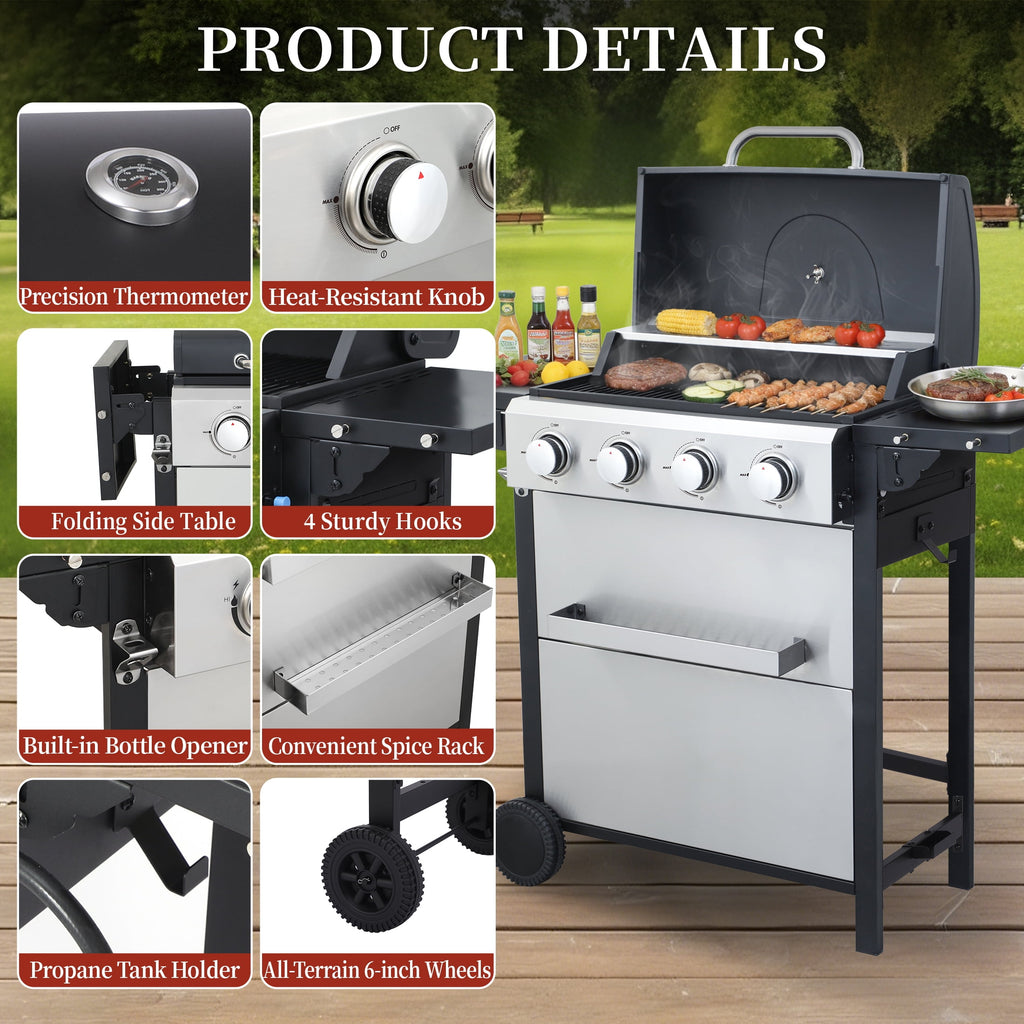 CIG GARDEN 4-Burner Propane Gas Grill with Folding Side Tables, Full-Size Grease Tray, and Removable Grease Cup CIG GARDEN