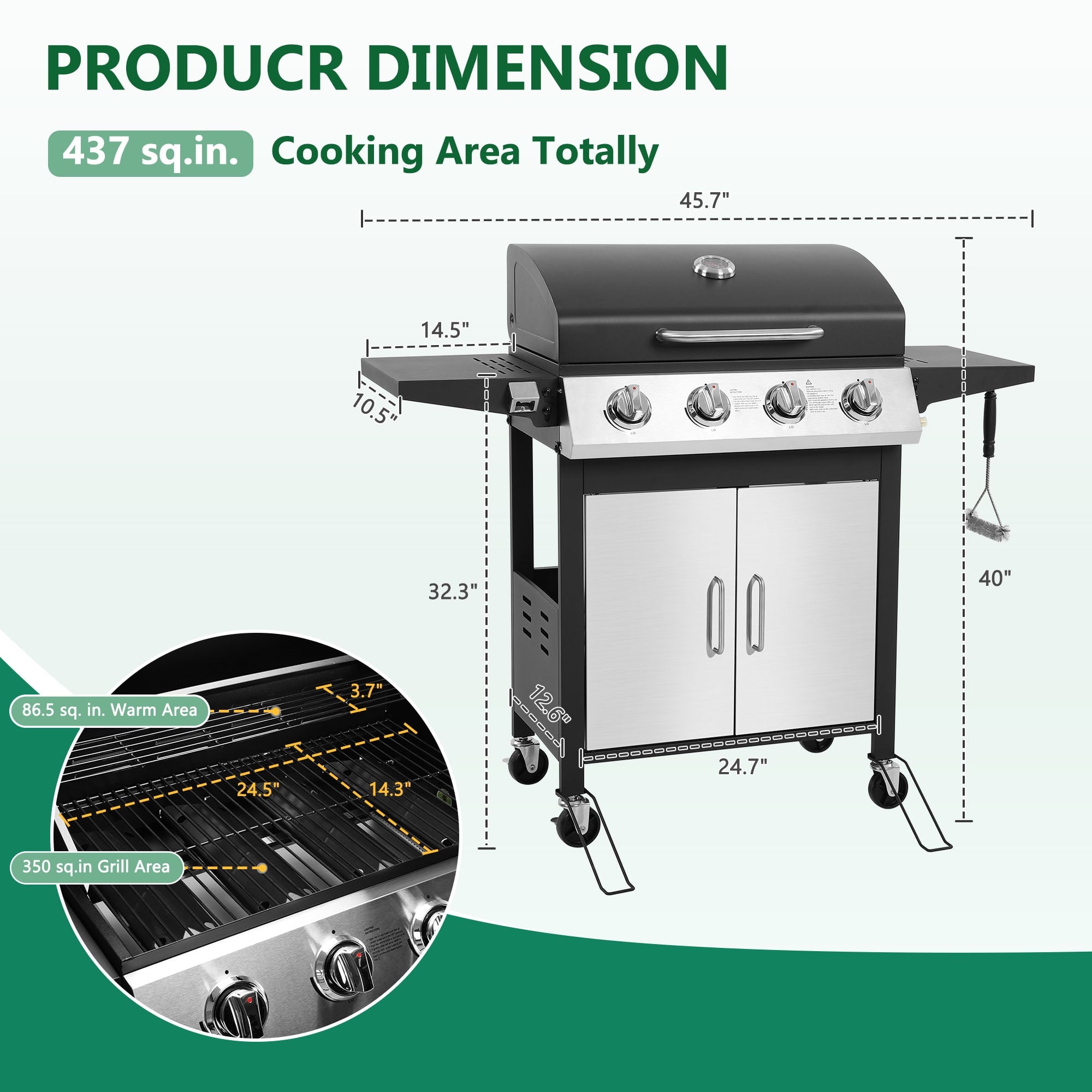 4-Burner Gas Grill with 4 Universal Wheels & Bottle Opener, 40000BTU Outdoor Grill with Side Table for Camping, Black & Sliver Gas Grills