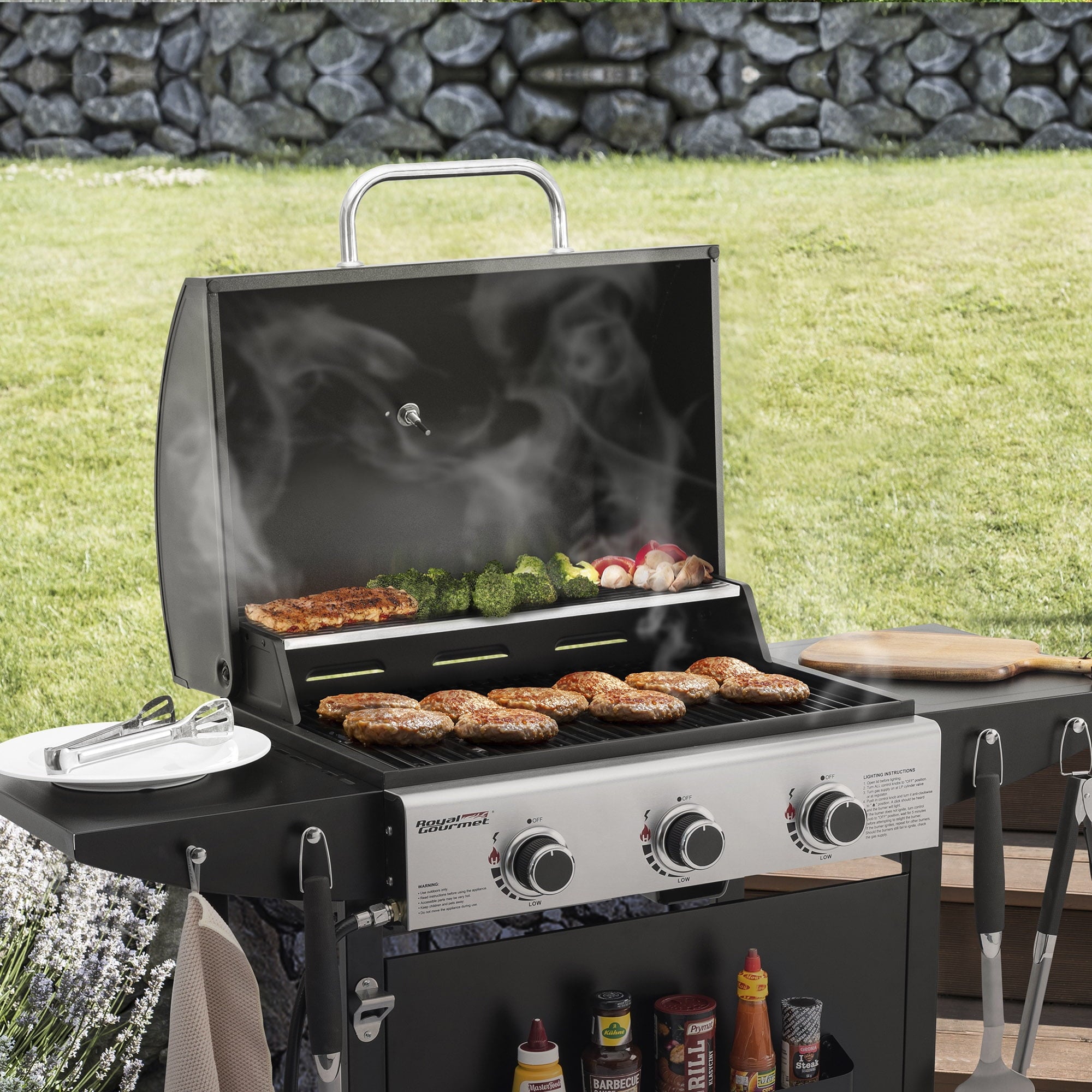 Royal Gourmet 3-Burner BBQ Gas Grill with Front Spice Rack, Two Side Shelves and Hooks, 30,000 BTU, GH3001H Royal Gourmet