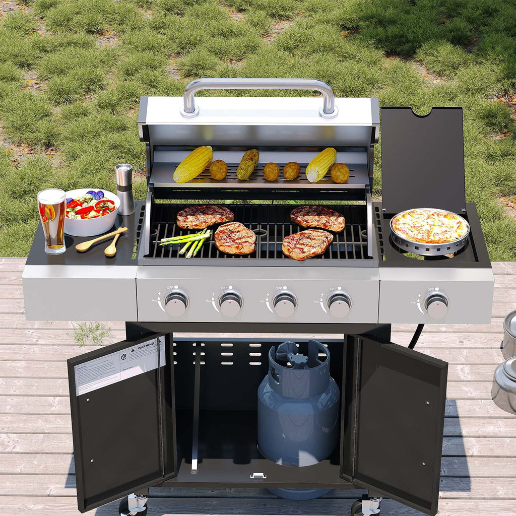 Clouddwell 4 Burner Gas Propane Grill, with 4 Casters, Side Table, and Thermometer, Patio Garden BBQ Grill Perfect for Camping, Black and Silver Gas Grills