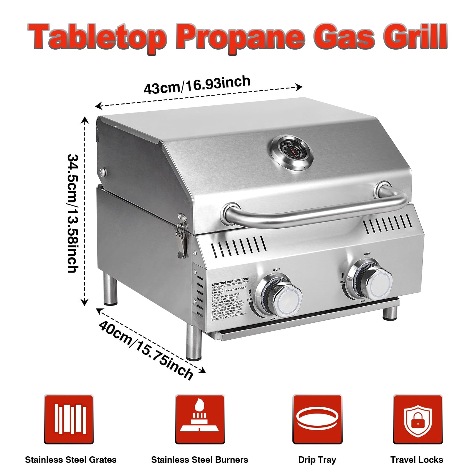 Bestfire 20 Tabletop Gas Grill 2 Burners, 20,000 BTUs Stainless Steel Portable Propane Grill with Legs for Outdoor Patio Backyard Camping, Tailgating, and RV Trips Gas Grills