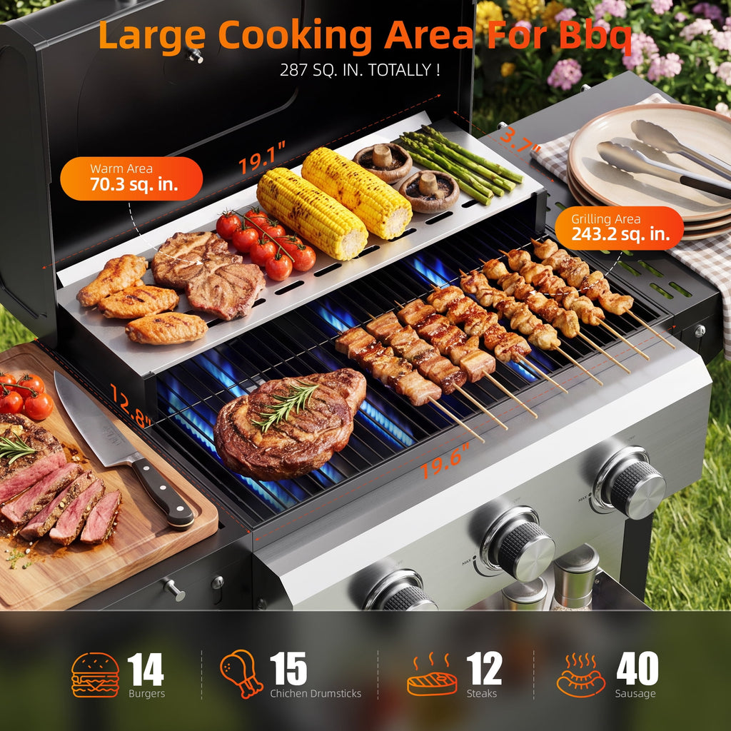Biotree 3 Burner BBQ Propane Gas Grill, Stainless Steel 28,650 BTU Patio Garden Barbecue Grill with Two Foldable Shelves Gas Grills
