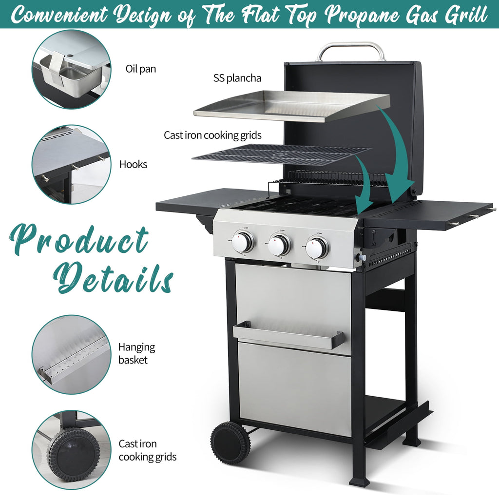 3-Burner Flattop Propane Gas Grill with Folding Side Table - 36,900 BTU Outdoor BBQ Grill with Wire Enamel Cooking Grid & Stainless Steel Griddle Combo for Backyard Nice Coker