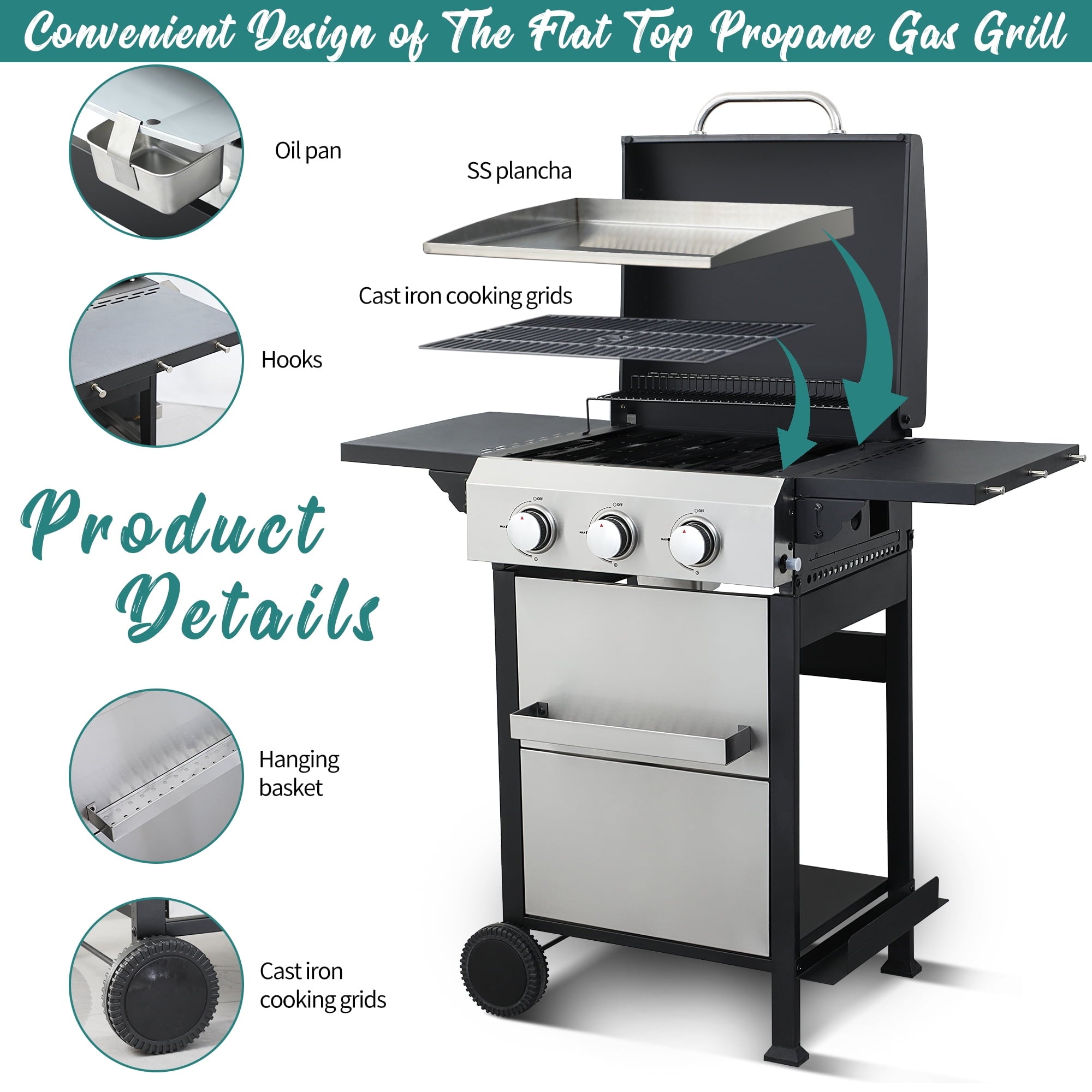 3-Burner Flattop Propane Gas Grill with Folding Side Table - 36,900 BTU Outdoor BBQ Grill with Wire Enamel Cooking Grid & Stainless Steel Griddle Combo for Backyard Nice Coker