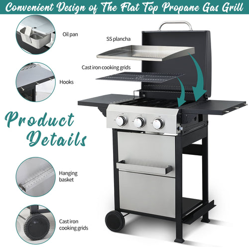 3-Burner Flattop Propane Gas Grill with Folding Side Table - 36,900 BTU Outdoor BBQ Grill with Wire Enamel Cooking Grid & Stainless Steel Griddle Combo for Backyard Nice Coker