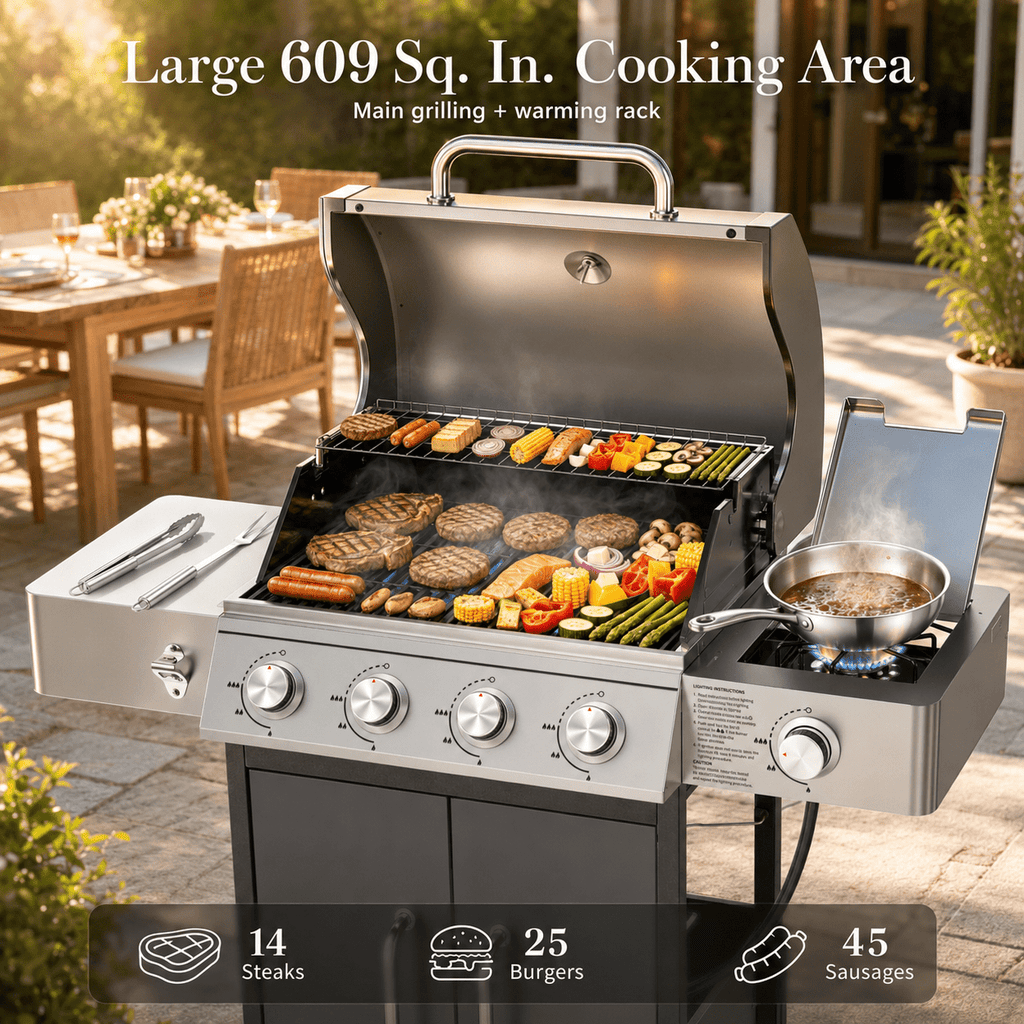 4-Burner Propane Gas Grill with Side Burner, 51,000 BTU Outdoor BBQ Grill with Porcelain-Enameled Grates, Warming Rack, Side Tables, Bottle Opener, Thermometer and Wheels for Patio Backyard Cooking Gas Grills