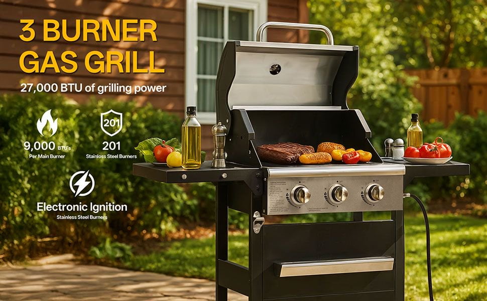 Fehomix 3 Burner Propane Gas Grill, Stainless Steel BBQ Grill with Built-in Thermometer & Electronic Ignition, 26,000 BTU Outdoor Patio Garden Grill with Two Foldable Side Shelves Fehomix