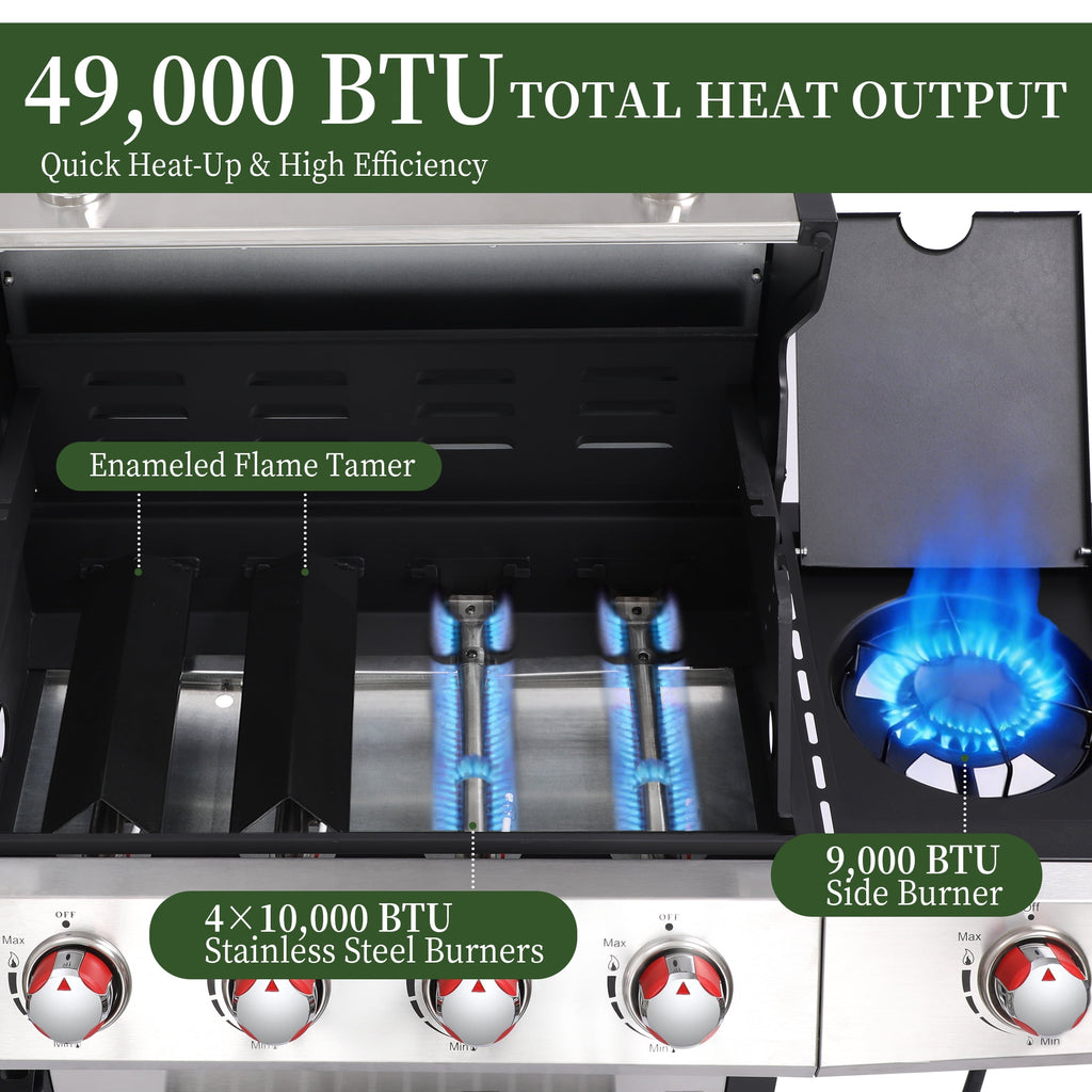 4 Burner Propane Gas Grill Combo w/Side Burner, 3-in-1 BBQ Grill with Charcoal Smoker & Griddle Plate, 46,750 BTU, 448 Sq.In. Stainless Steel Outdoor Cooking Station Nice Cooker