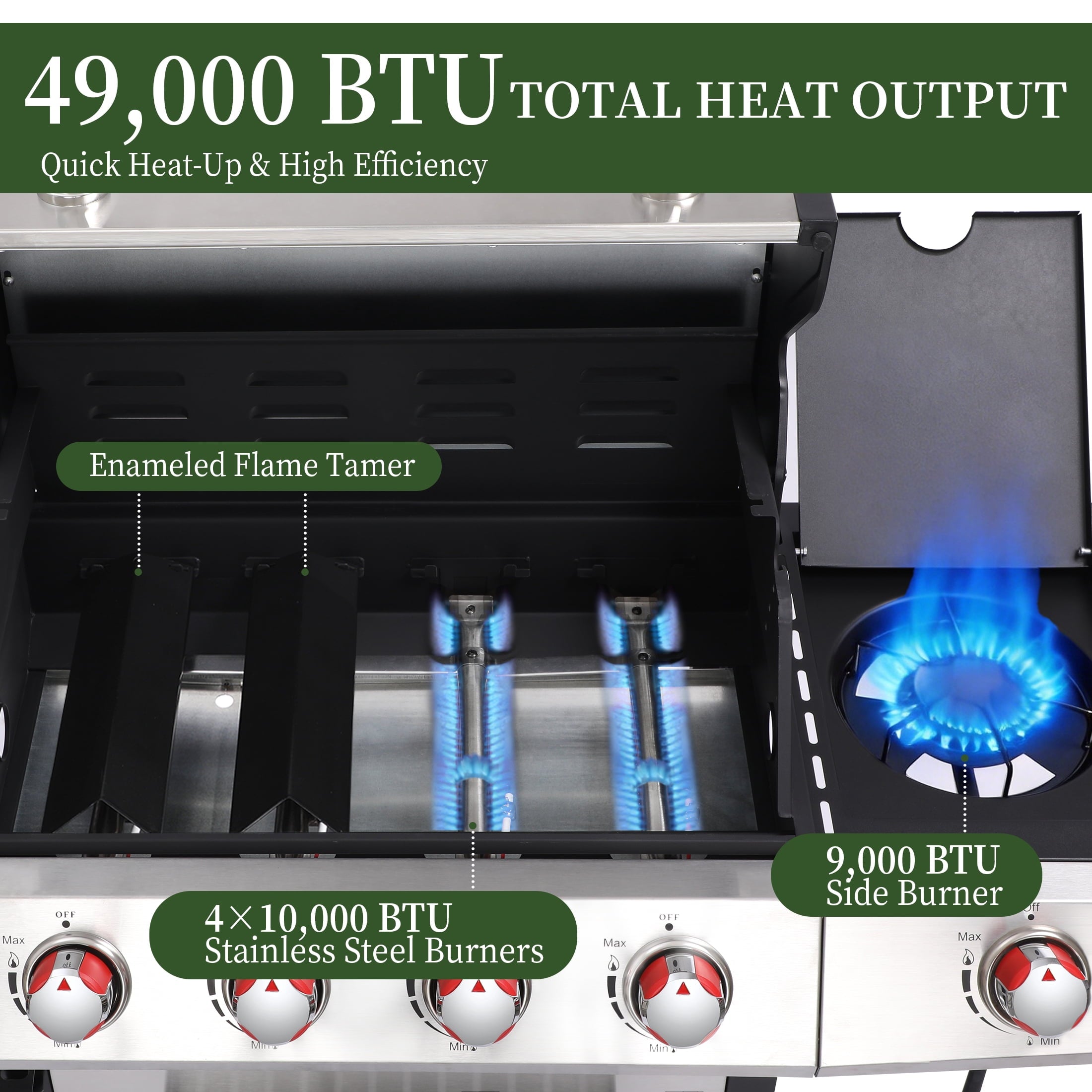 4 Burner Propane Gas Grill Combo w/Side Burner, 3-in-1 BBQ Grill with Charcoal Smoker & Griddle Plate, 46,750 BTU, 448 Sq.In. Stainless Steel Outdoor Cooking Station Nice Cooker