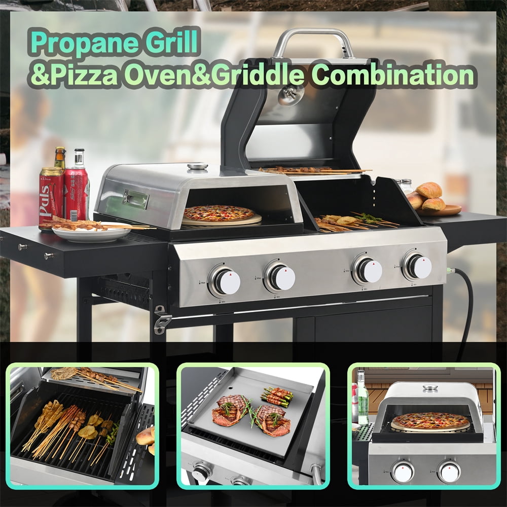 HighSound 4 Burner Propane Gas Grill & Griddle Combo BBQ Grill with Lid & Pizza Oven 49200 BTU, Flat Top Propane Grill Griddle Combo for Outdoor Cooking While Camping & Tailgating, Black Gas Grills