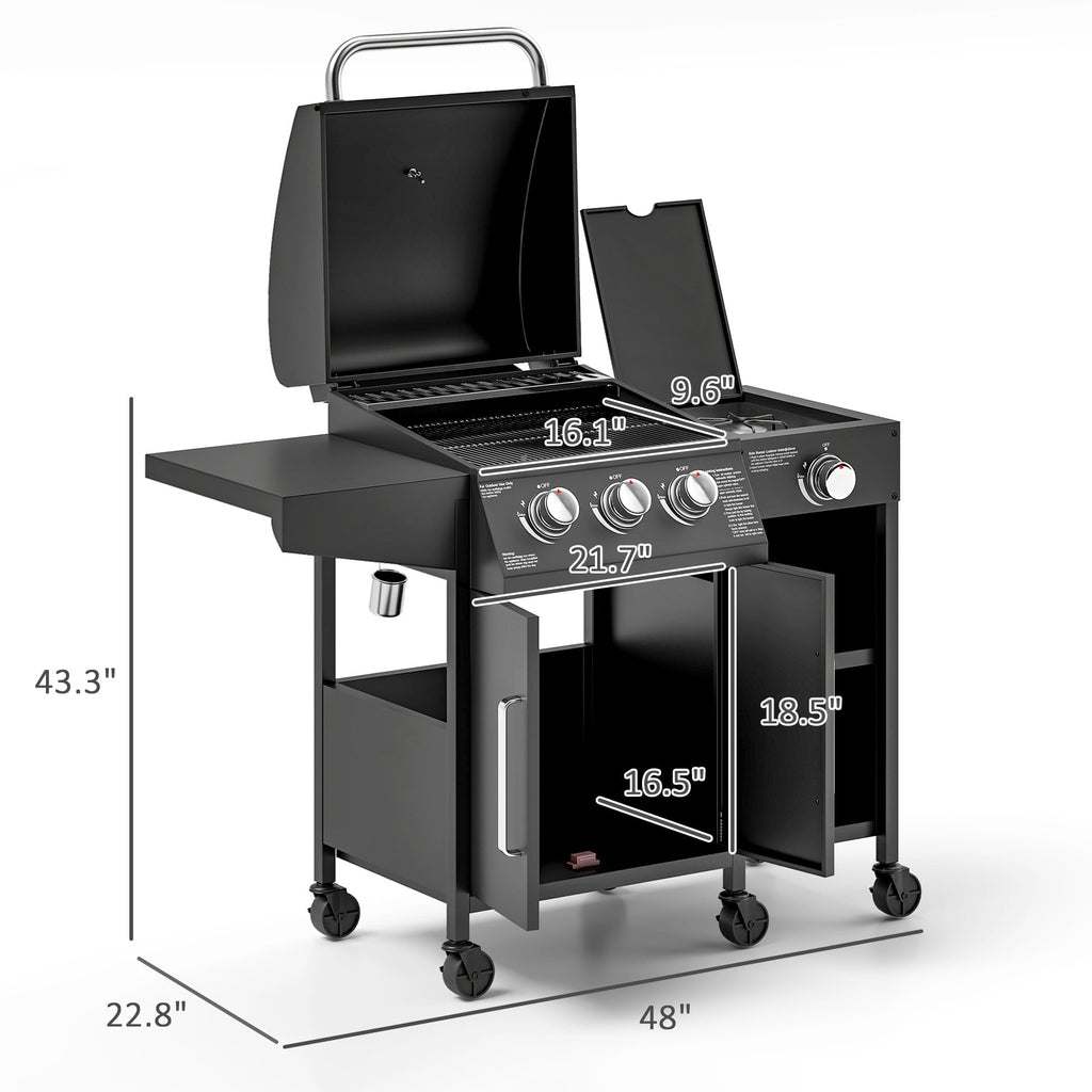 Outsunny 3 Burner Gas Grill with Side Burner, 9.5 KW Output, 310 Sq. in. Cooking Area, Cabinet Style Propane BBQ Grill with Shelves, Black Outsunny
