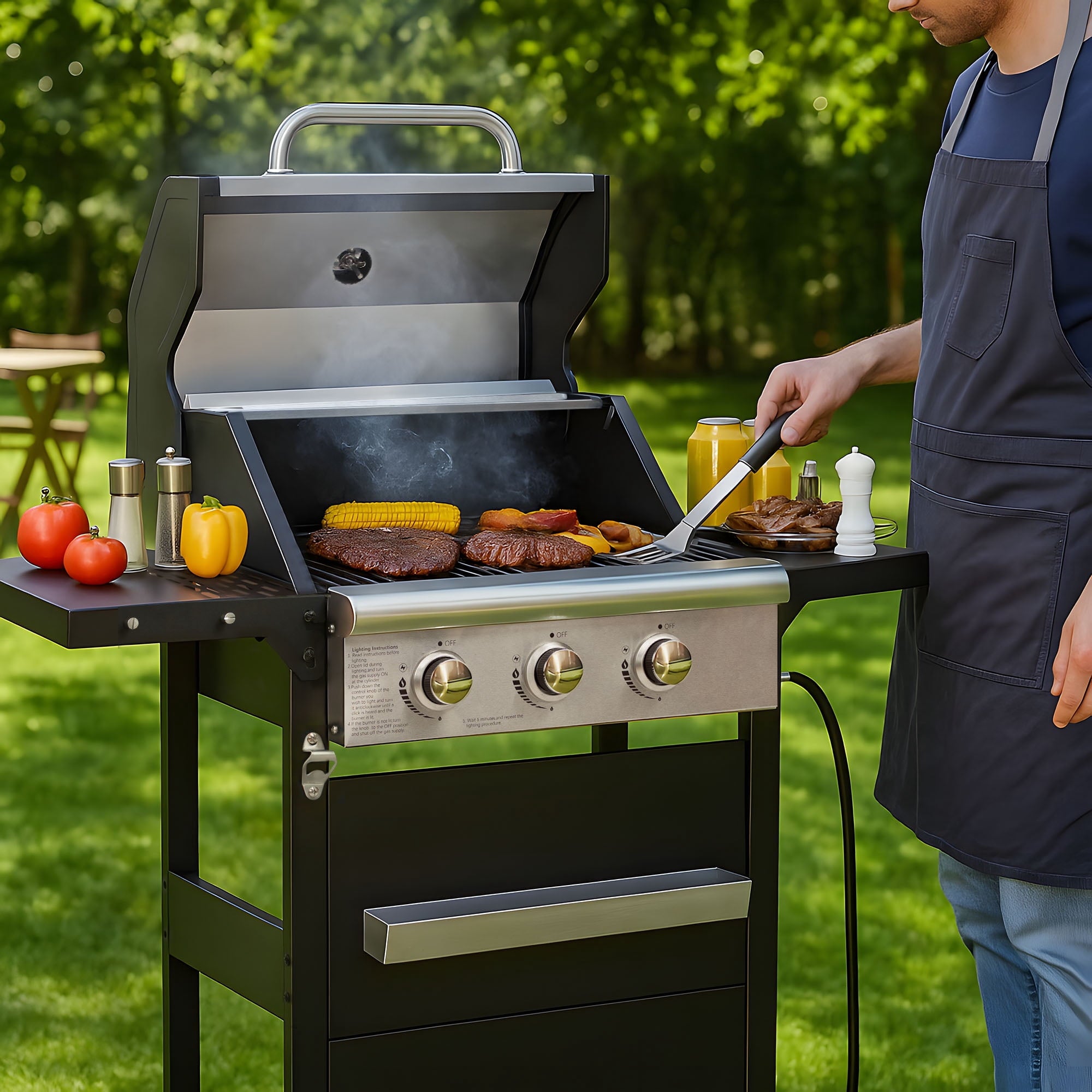 3 Burner Propane Gas Grill, Stainless Steel 36,000 BTU BBQ Grill, Built-in Lid Thermometer, Ideal for Patio Camping Backyard TPUFO