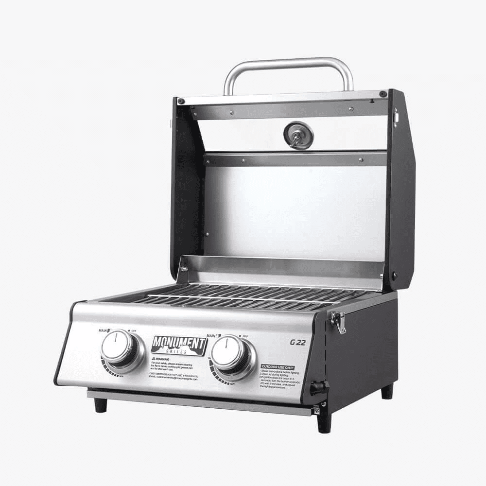 Monument Grills Portable 2-Burner Tabletop Propane Gas Grill with Locking Clearview Lid, Stainless Steel Monument Grills