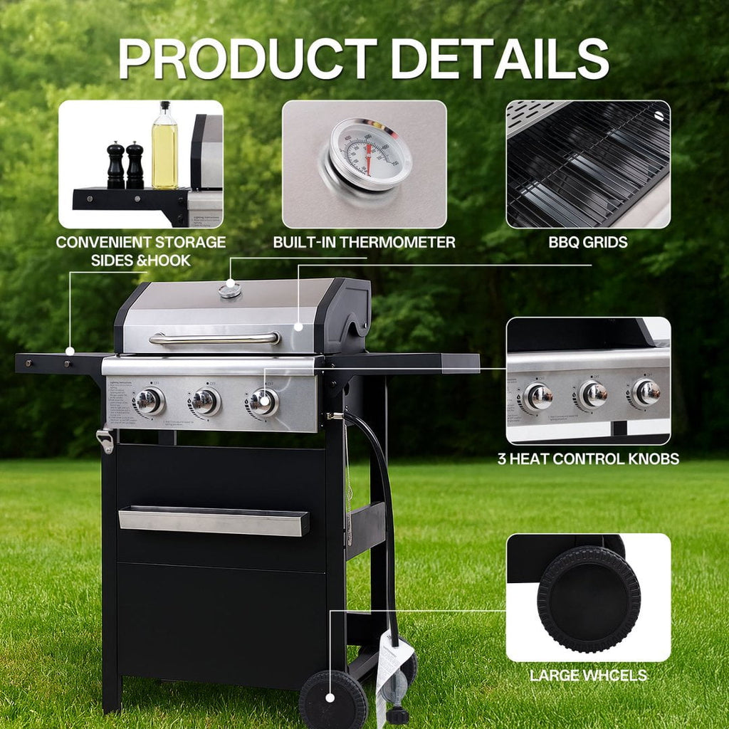 Fehomix 3 Burner Propane Gas Grill, Stainless Steel BBQ Grill with Built-in Thermometer & Electronic Ignition, 26,000 BTU Outdoor Patio Garden Grill with Two Foldable Side Shelves Fehomix