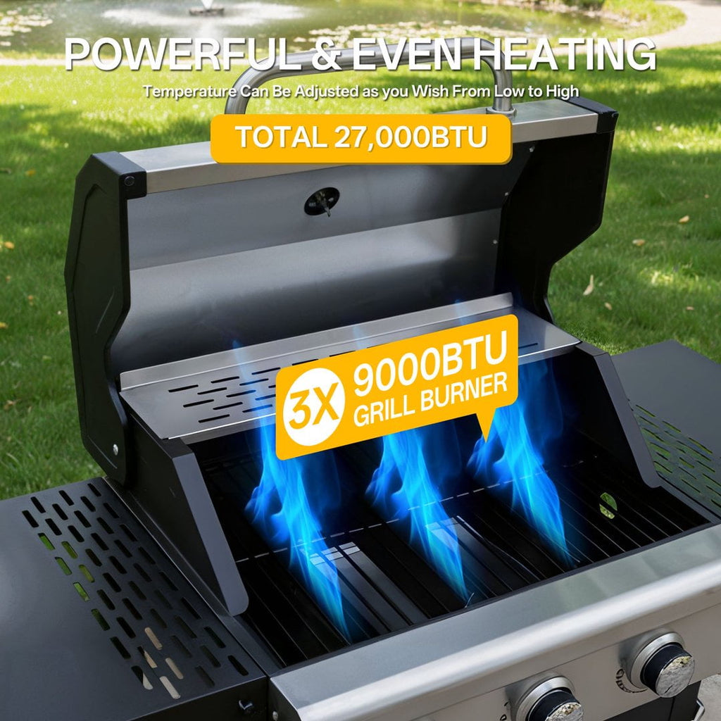 Fehomix 3 Burner Propane Gas Grill, Stainless Steel BBQ Grill with Built-in Thermometer & Electronic Ignition, 26,000 BTU Outdoor Patio Garden Grill with Two Foldable Side Shelves Fehomix