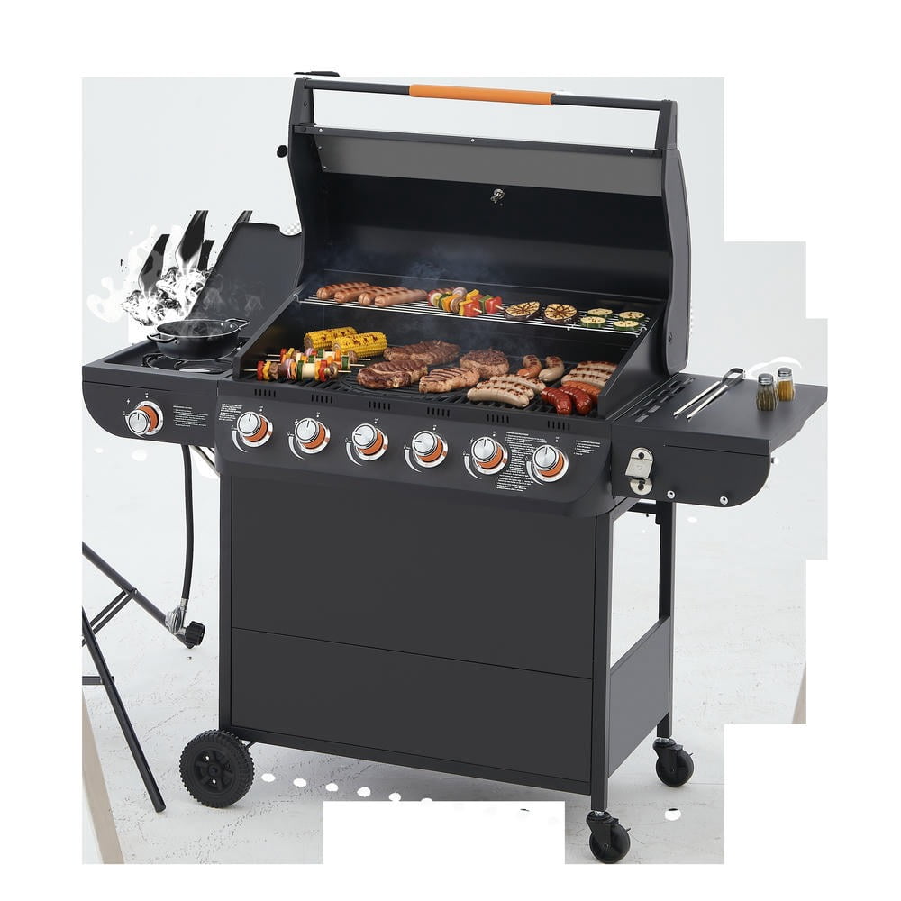 Kadyn 6-Burner Gas Barbecue Grill, 72000 BTU High-Heat Grill with Side Tables, Cast Iron Grates & Side Burner, Outdoor Kitchen, Black Kadyn