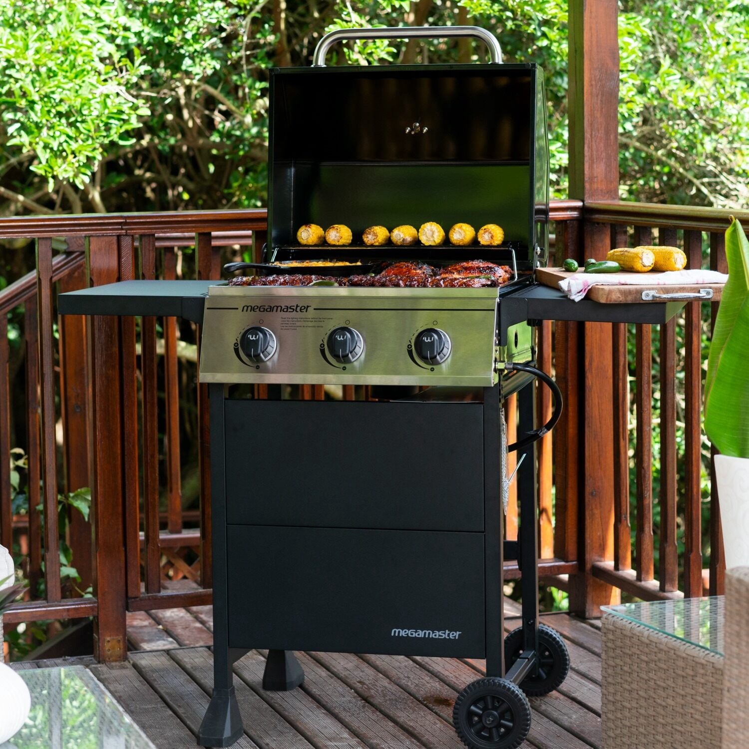 Megamaster 3-Burner Propane Gas Grill with Folding Side Tables, 30,000BTUs, 429.81 sq. in. Cooking Space, Stainless Steel Control Panel, Outdoor Kitchen Grill for BBQs, Patios, and More - 720-0988EA Megamaster