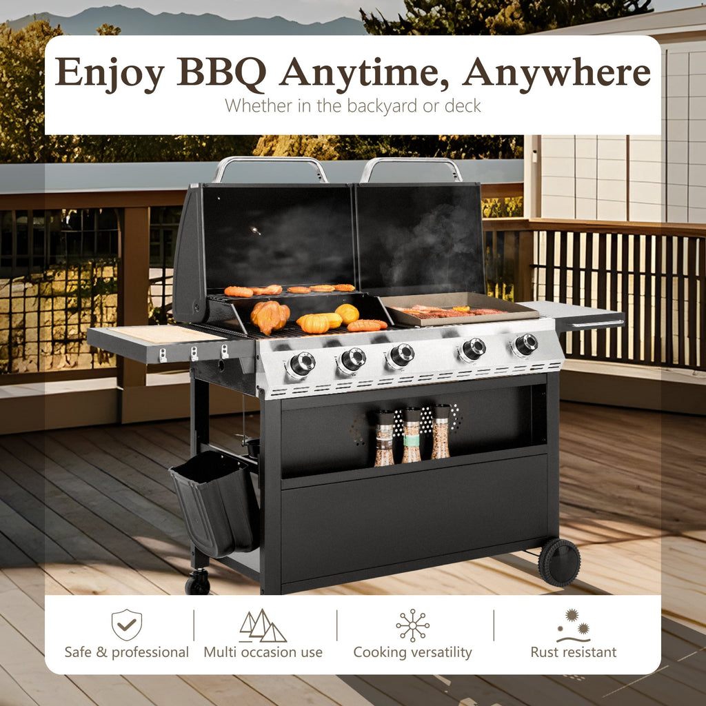 Alpha Joy 5-Burner Propane Gas Grill and Griddle Combo with Lids Total 54,000 BTU Alpha Joy