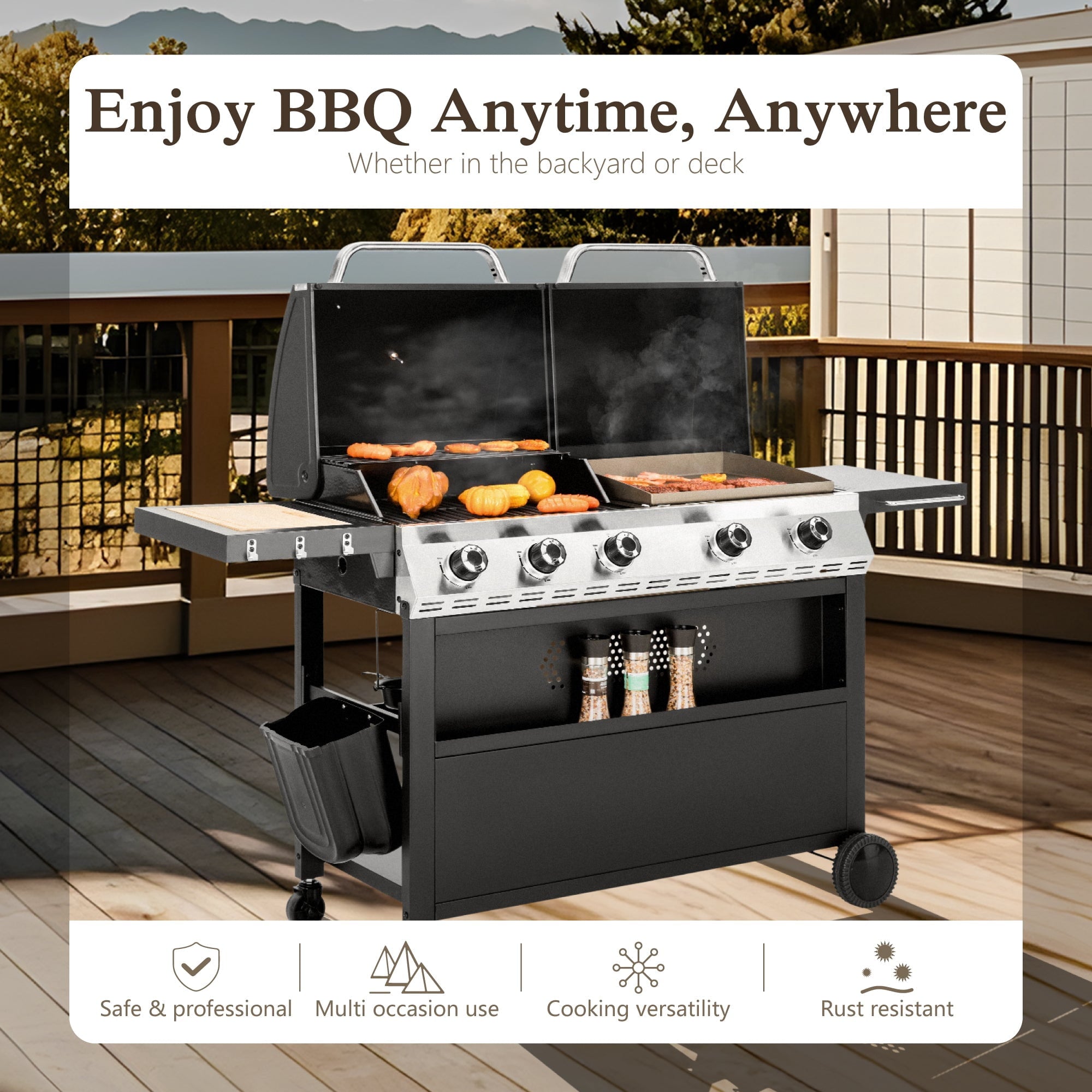 Alpha Joy 5-Burner Propane Gas Grill and Griddle Combo with Lids Total 54,000 BTU Alpha Joy