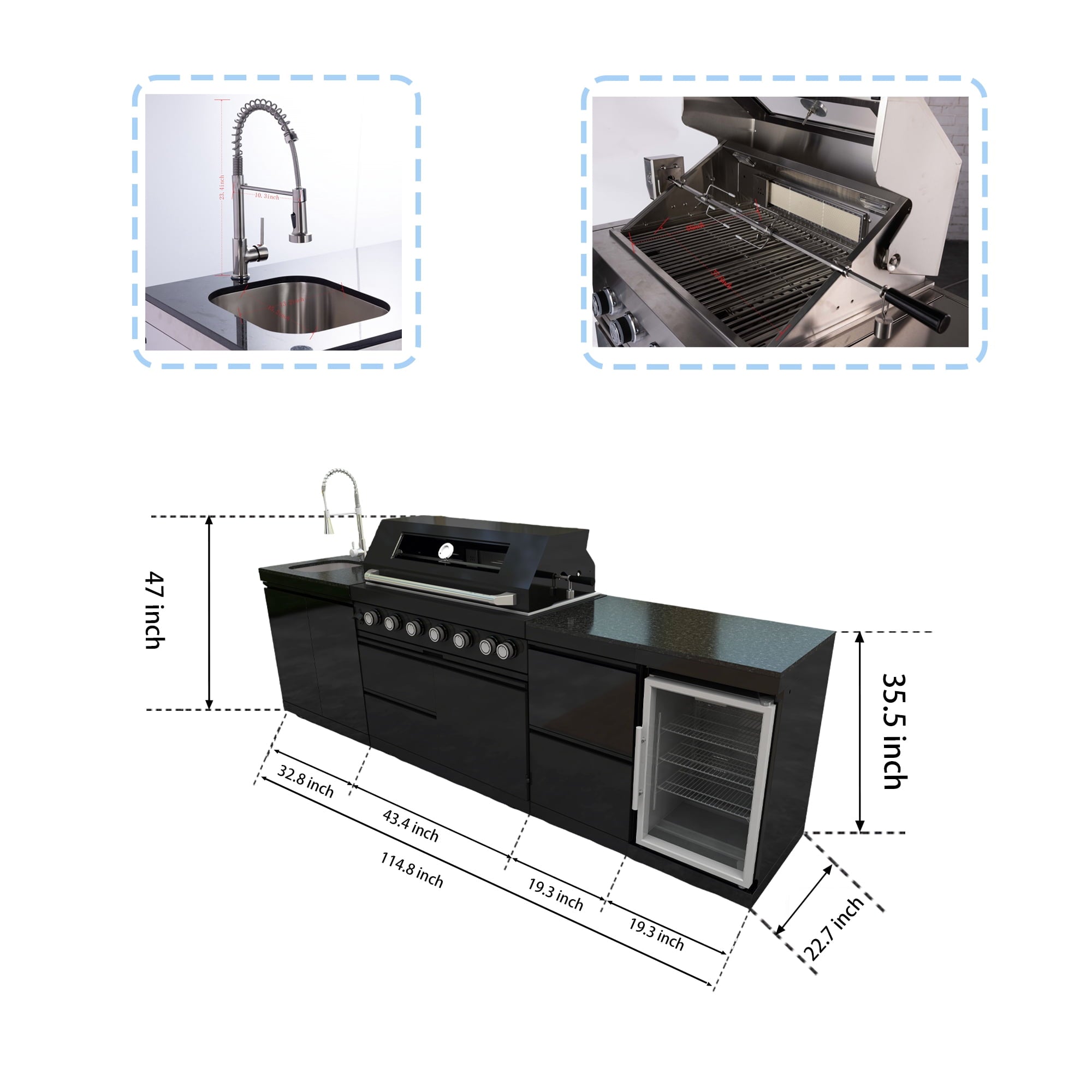 43-Inch 6-Burner 85000 BTU Deluxe Stainless Steel Gas Outdoor Kitchen Bar Barbecue Island Grill + Wine Cooler Compact Refrigerator + Rotisserie kit + Granite Countertops + Stainless steel Sink My Store