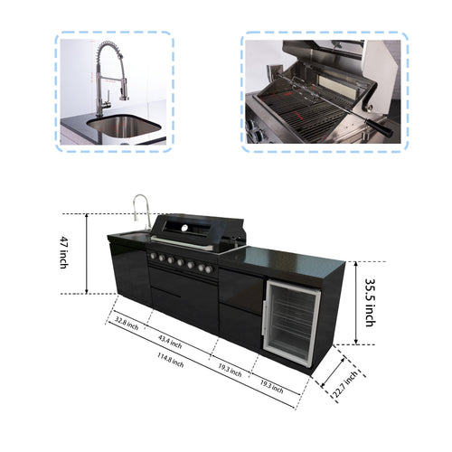 43-Inch 6-Burner 85000 BTU Deluxe Stainless Steel Gas Outdoor Kitchen Bar Barbecue Island Grill + Wine Cooler Compact Refrigerator + Rotisserie kit + Granite Countertops + Stainless steel Sink My Store