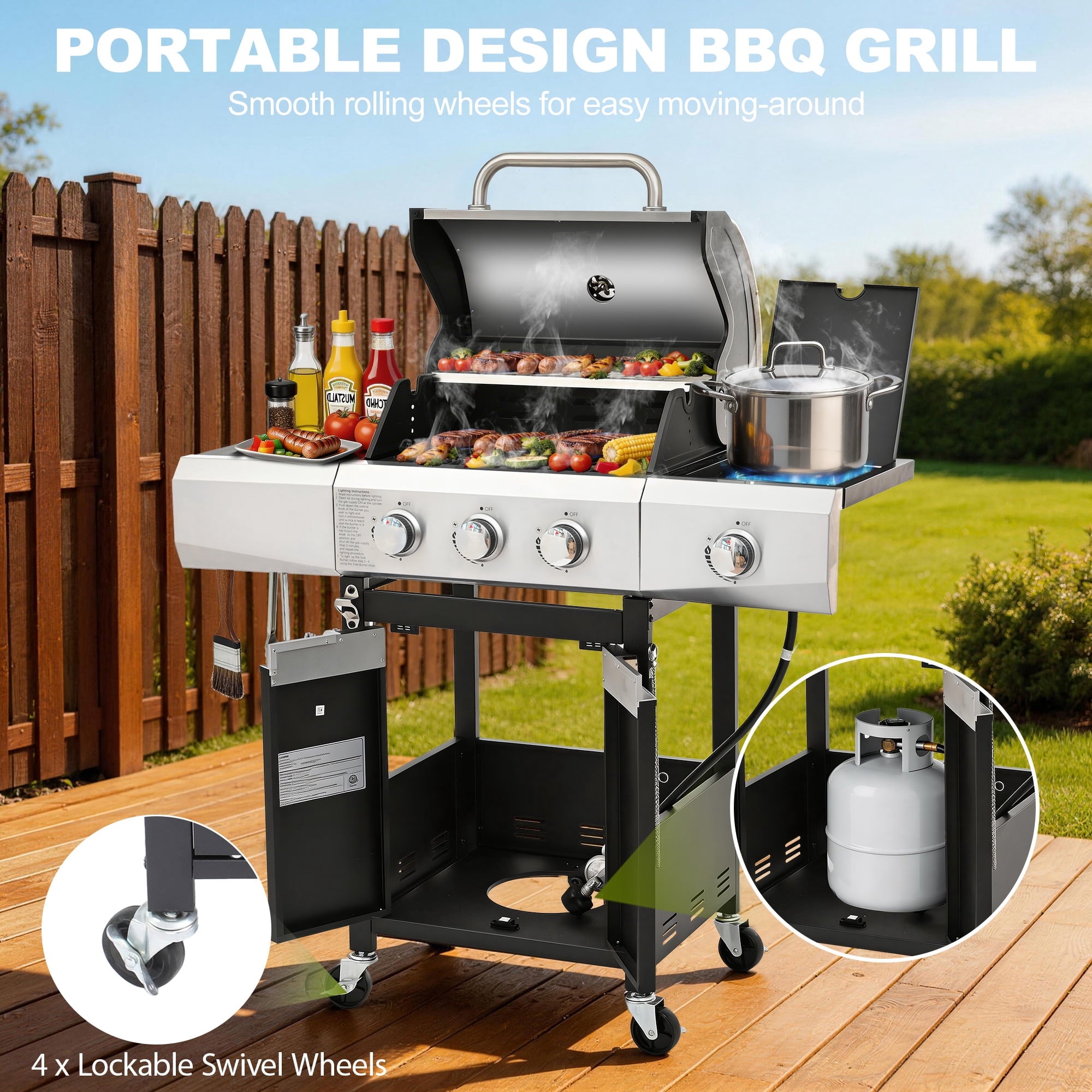 Sesslife 3 Burner Propane Gas Grill, Stainless Steel BBQ Grill with Side Burner, 40500 BTU Portable Outdoor Cooking for Camping, Patio, Backyard, Black Gas Grills