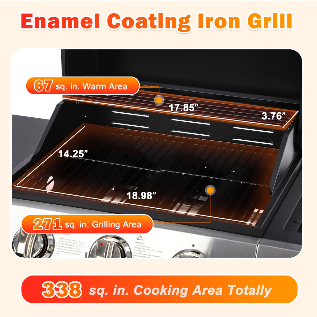 3-Burner Propane Gas Grill with Side Burner, Gas BBQ Grill with Thermometer, Bottle Opener, and Tool Hooks, 40000 BTU Output, Fit for Patio Camping Outdoor Cooking Segmart