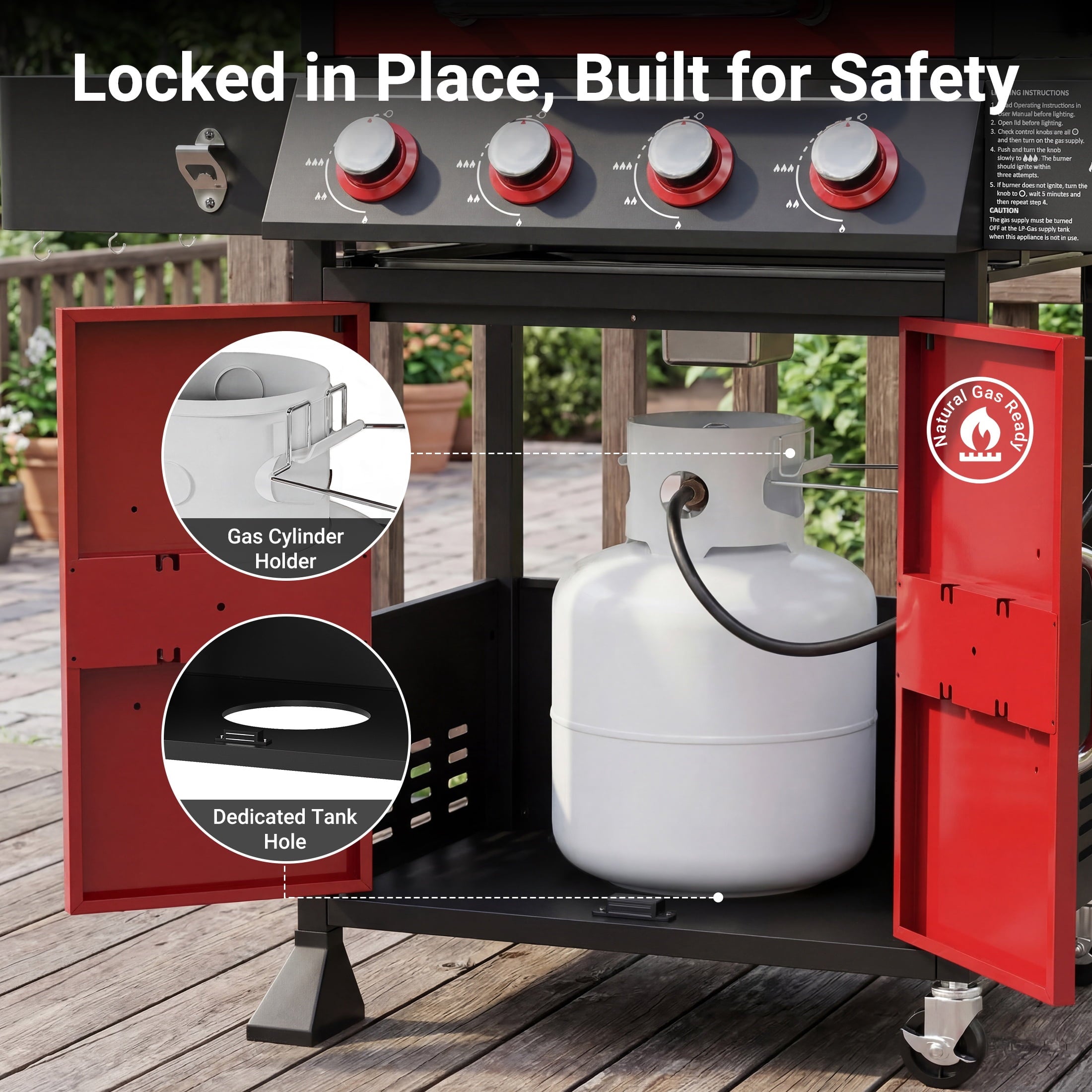 4-Burner Gas Grill with Side Burner, 51,000 BTU, HUGROVE  BBQ Grill with Porcelain-Enameled Lid,Cast Iron Grates, Propane Grills Outdoor Cooking, Red Gas Grills