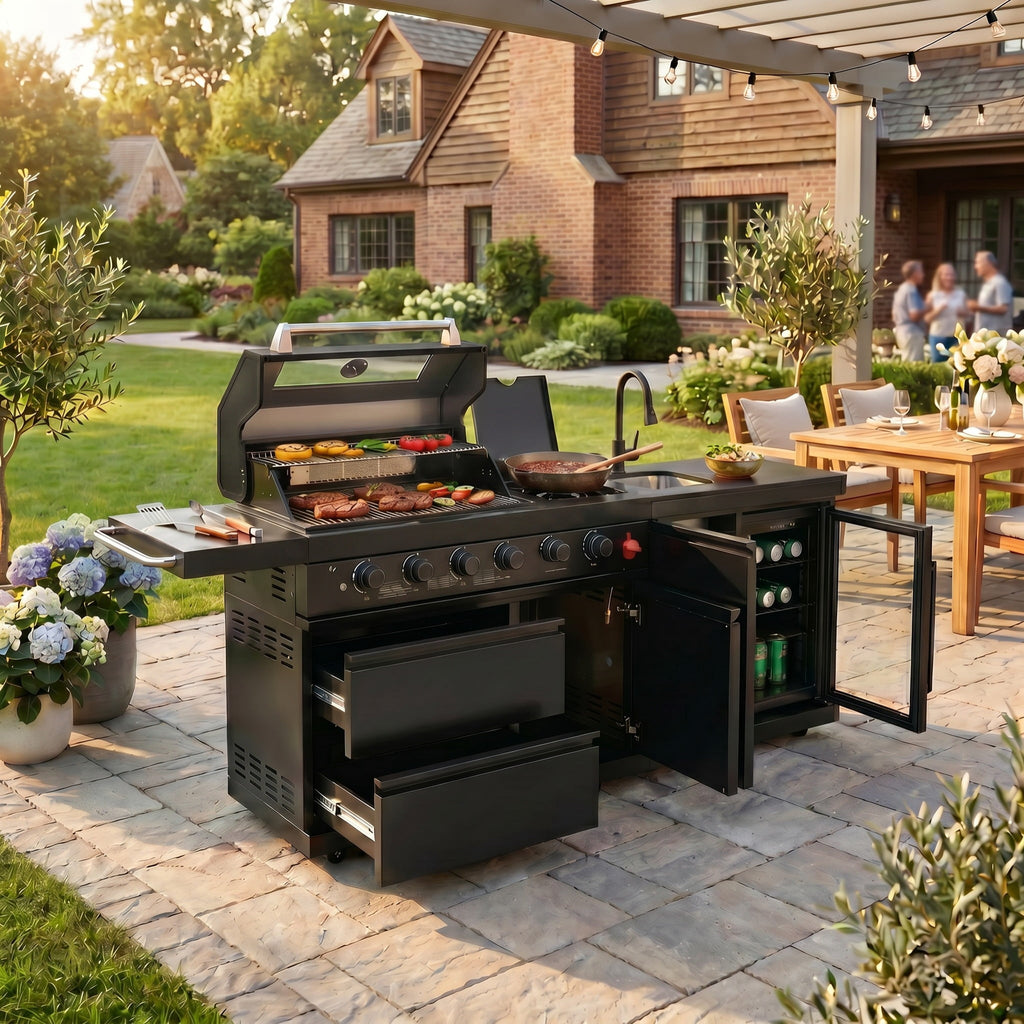84 Deluxe Outdoor Kitchen Island with 6-Burner Gas Grill (75300 BTU), Premium SS304 Stainless Steel BBQ Station, Black Galaxy Granite Countertop, Dual-Zone Refrigerator, Sink, Rotisserie Kit & Cover HomeMindful