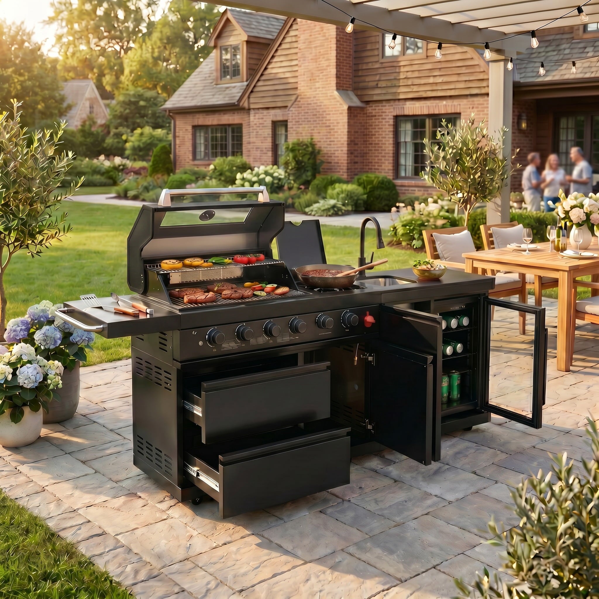 84 Deluxe Outdoor Kitchen Island with 6-Burner Gas Grill (75300 BTU), Premium SS304 Stainless Steel BBQ Station, Black Galaxy Granite Countertop, Dual-Zone Refrigerator, Sink, Rotisserie Kit & Cover HomeMindful