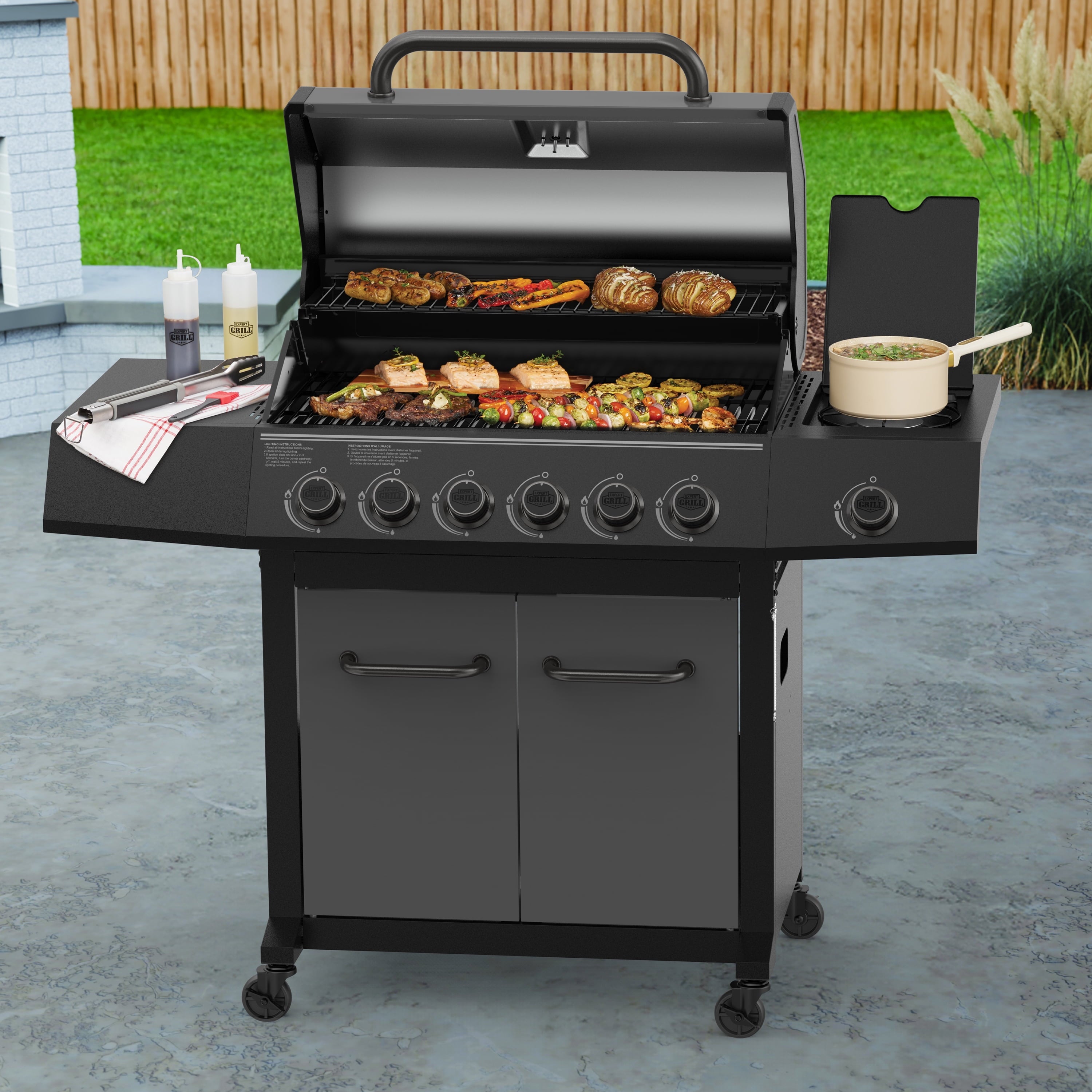 Expert Grill 6-Burner Propane Gas Grill with Side Burner and Side Table, Graphite Expert Grill