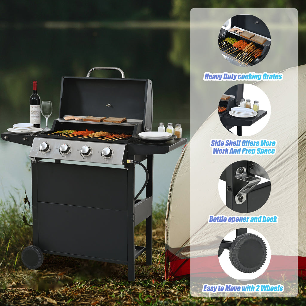 Minyam 4-Burner Propane Gas Grill with Side Shelves and Wheels, Stainless Steel Gas Grills