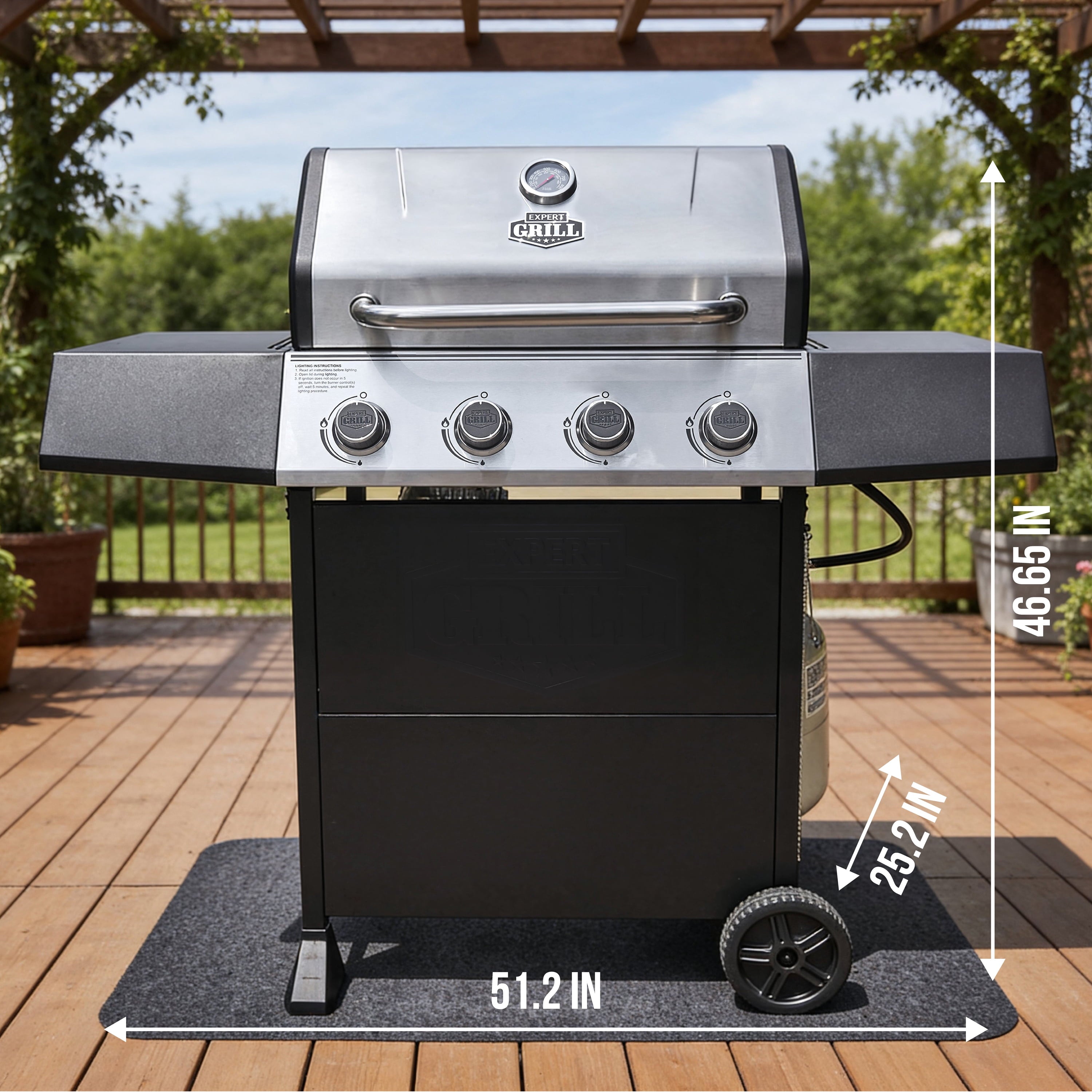 Expert Grill, 4-Burner Propane Gas Grill with Side Table and Wheels, Stainless Steel Gas Grills