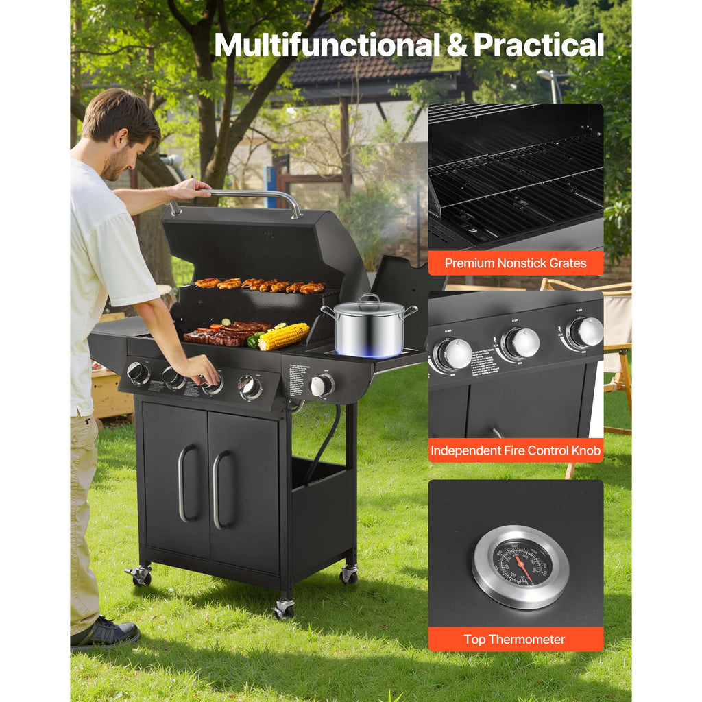 KFFKFF 4-Burner Propane Gas Grill with Side Burner, 425 SQ.In Cooking Surface, Carbon Steel Enamel Grates, Outdoor 52,000 BTU BBQ Grill with Dual Side Shelves, Durable Carbon Steel Construction KFFKFF