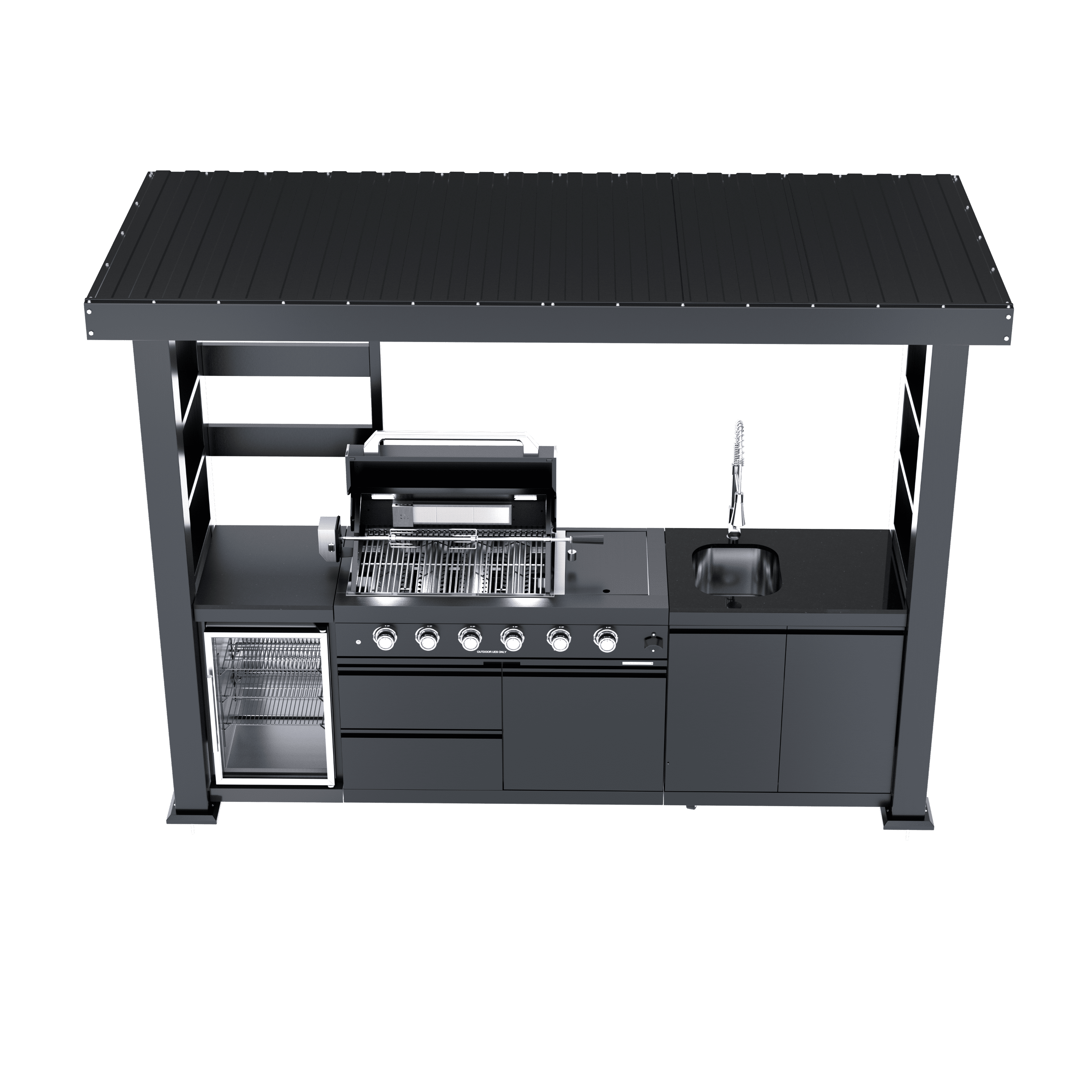 110-Inch 4-Burner 72000 BTU Deluxe Stainless Steel Propane Gas Outdoor Kitchen Bar Barbecue Island Grill Wine Cooler Compact+Refrigerator+Rotisserie+Granite Countertops+Storage Cabinets & Drawers HomeMindful