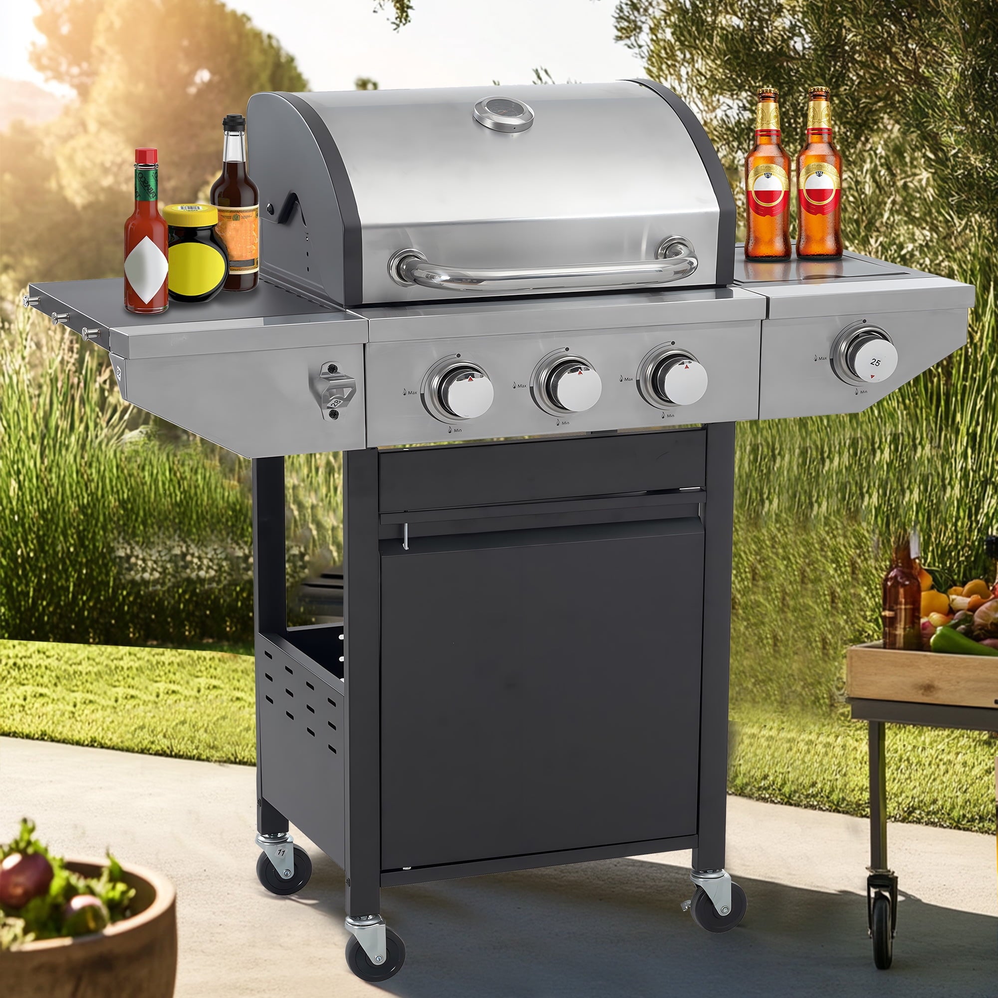 Seizeen Propane Gas Grill, 3 Burners BBQ Grill with Side Burner, Outdoor Camping Grill 430 Stainless Steel, 37150BTU, One-button Ignition System, Thermometer, 4 Wheels Gas Grills
