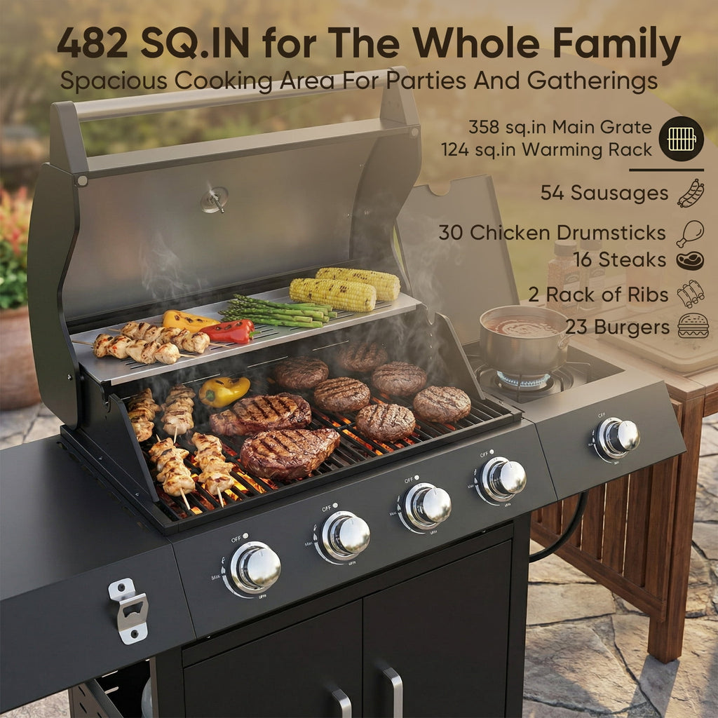 TABU 4-Burner Propane Gas Grill with Side Burner, 58,000 BTU Propane BBQ Grill with Storage Cabinet, Ideal for Outdoor Cooking TABU