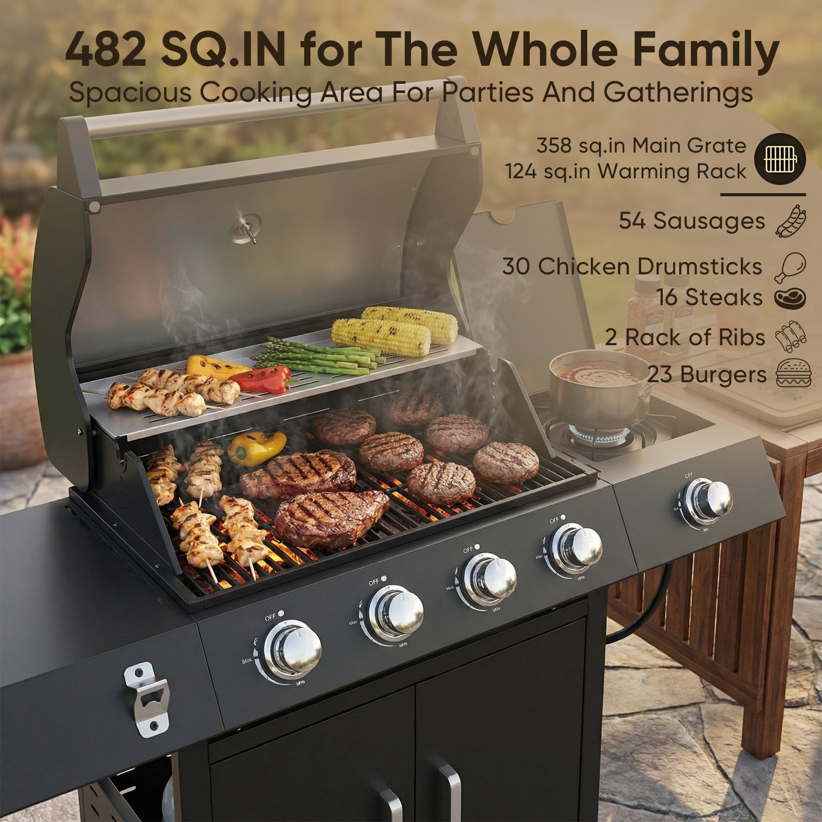TABU 4-Burner Propane Gas Grill with Side Burner, 58,000 BTU Propane BBQ Grill with Storage Cabinet, Ideal for Outdoor Cooking TABU