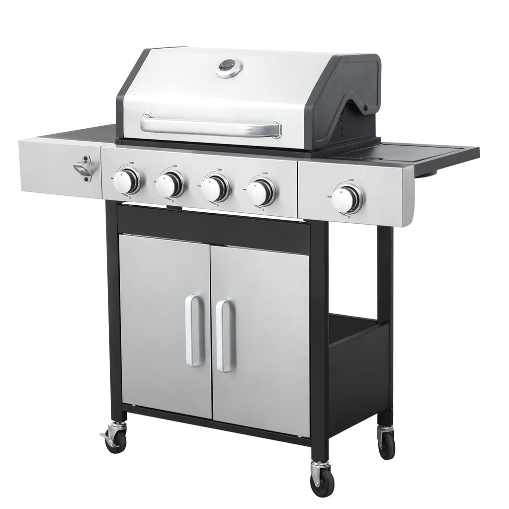 Stainless Steel Portable 4-Burner Propane Gas Grill, 46790BTU Output with bottle opener and 2pcs hooks, Stainless Steel for Outdoor Barbecue HZWDD