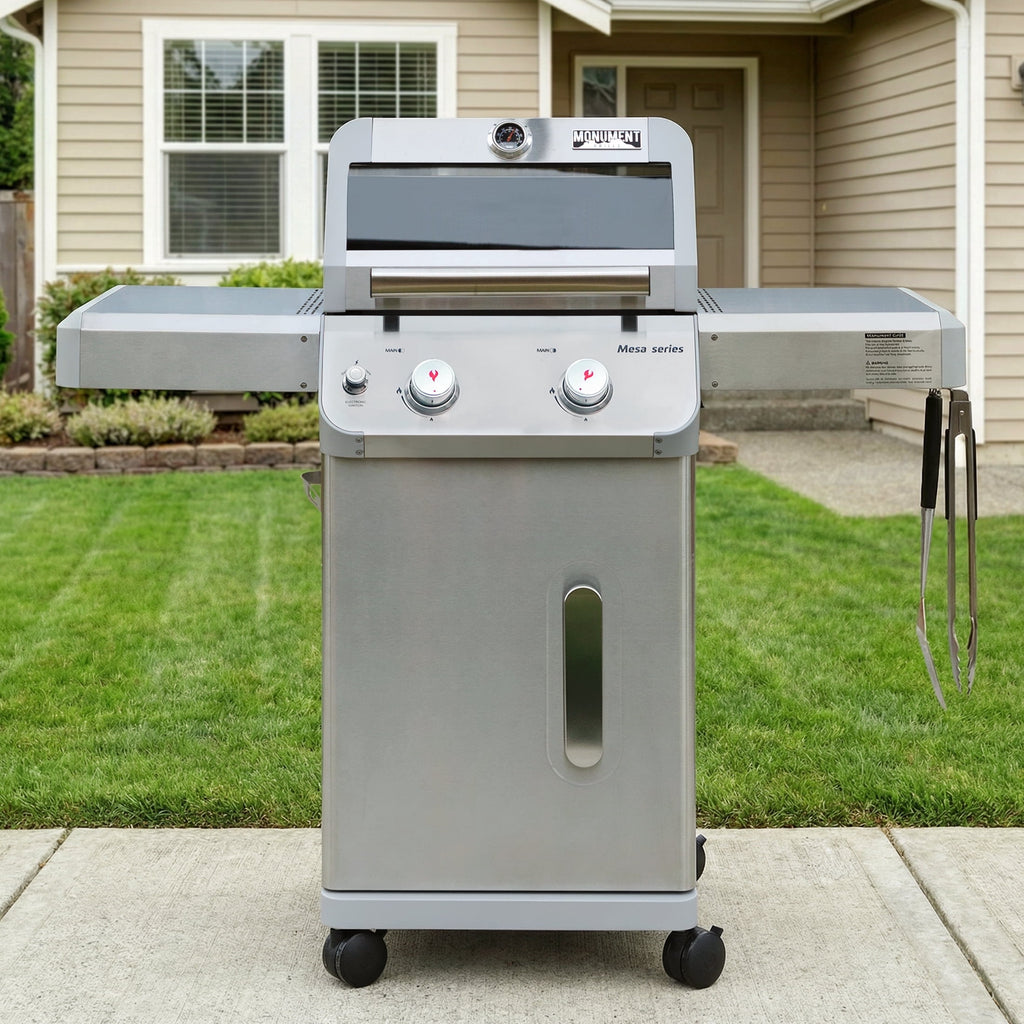 Monument Grills Mesa 2-Burner Propane Gas Grill, Foldable Sides, Swivel Casters, Stainless Steel, LED Controls Gas Grills
