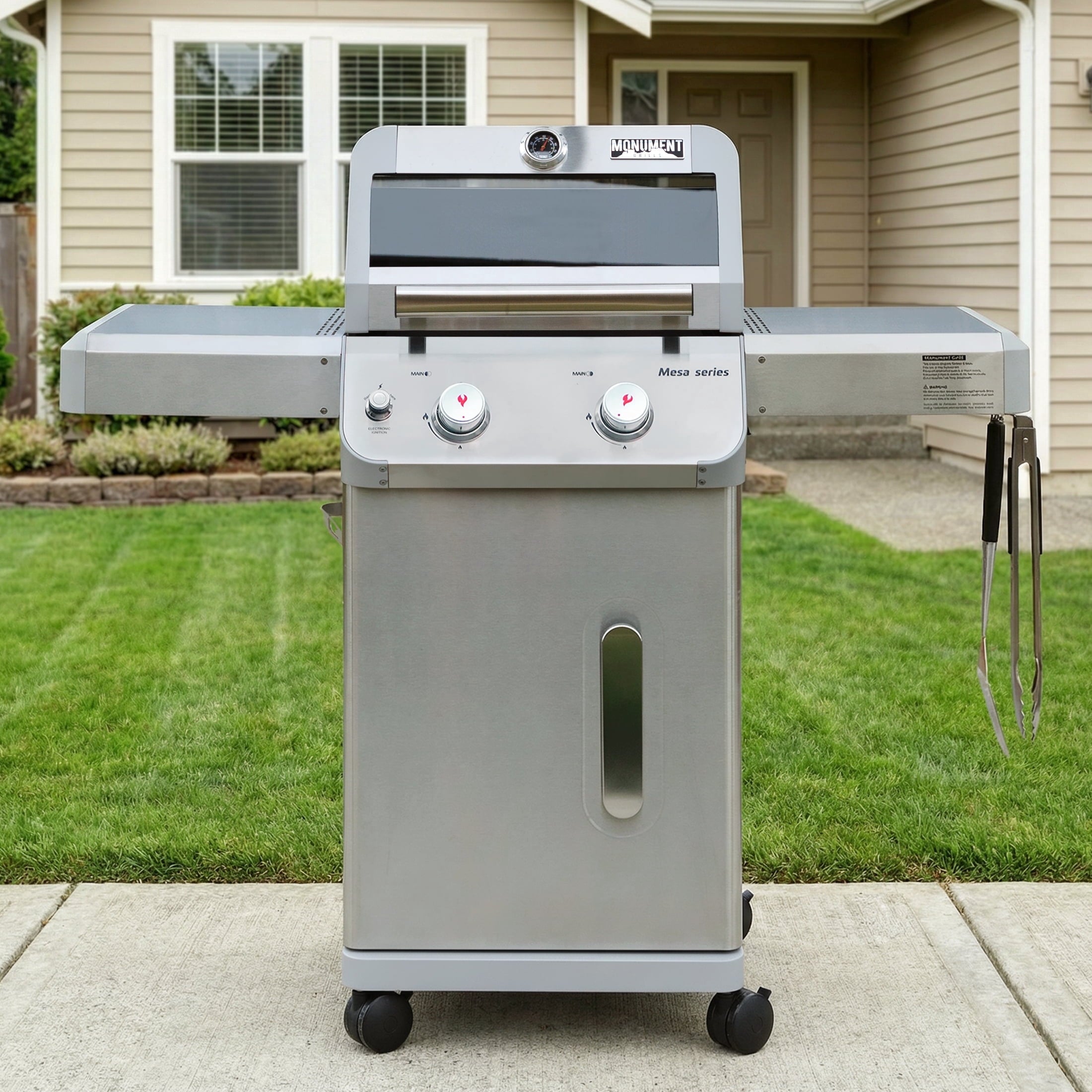 Monument Grills Mesa 2-Burner Propane Gas Grill, Foldable Sides, Swivel Casters, Stainless Steel, LED Controls Gas Grills