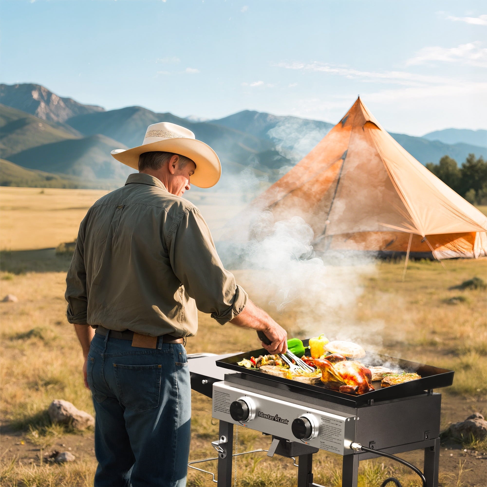 Master Cook 2-Burners Propane Griddle, Flat Top Gas Grill Griddle with Side Shelves for Outdoor BBQ, Camping Master Cook