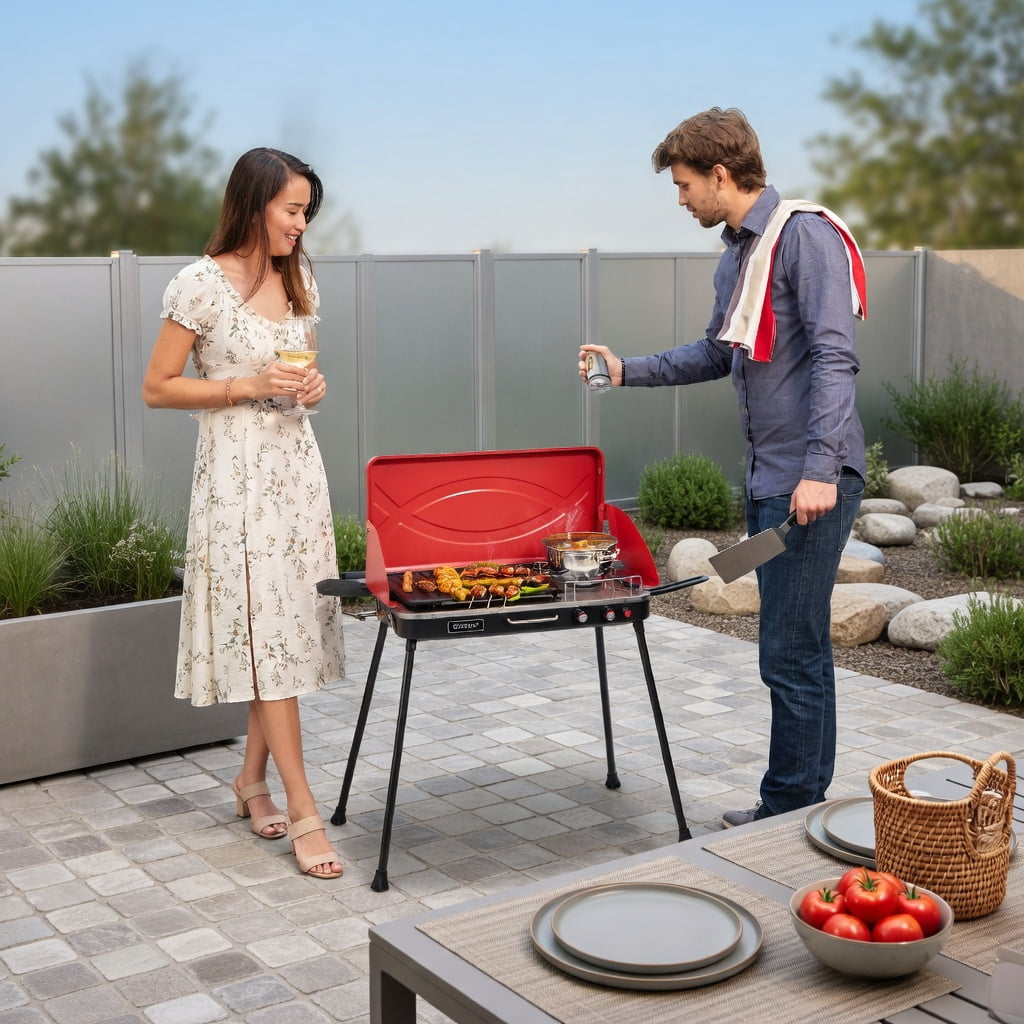 Resenkos Outdoor Barbecues Grill,2-in-1 Gas Camping Grill and Stove with 4 Detachable Legs-Red Resenkos