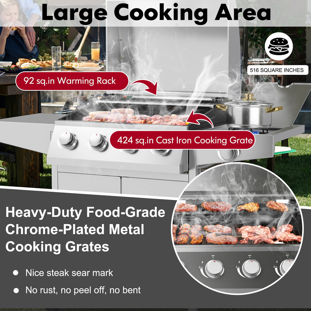 Costway 5-Burner Silver Propane Gas Grill with Side Burner, Thermometer and Prep Table Costway