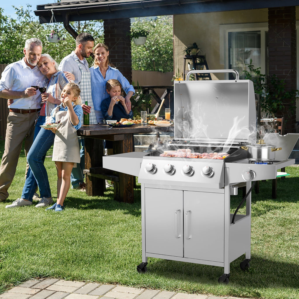 Costway 5-Burner Silver Propane Gas Grill with Side Burner, Thermometer and Prep Table Costway