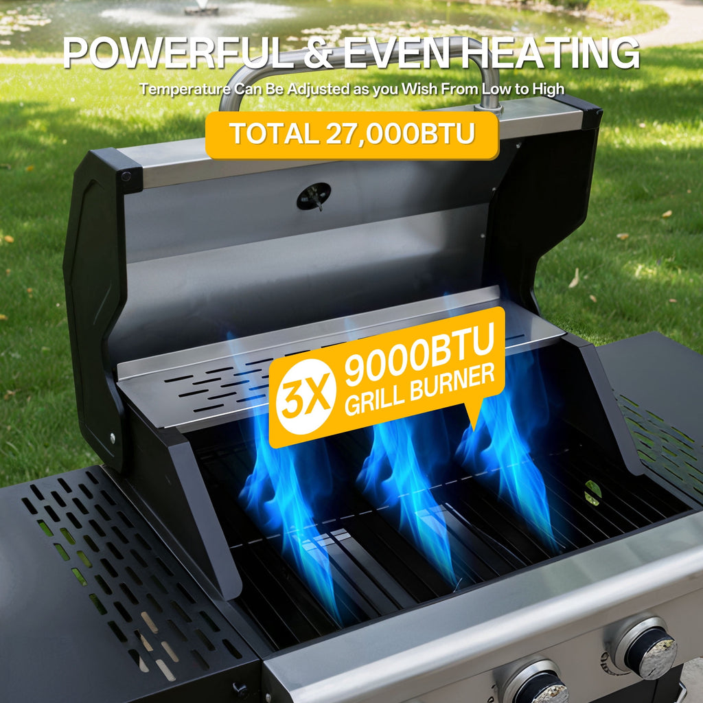 3 Burner Propane Gas Grill, Stainless Steel 36,000 BTU BBQ Grill, Built-in Lid Thermometer, Ideal for Patio Camping Backyard TPUFO