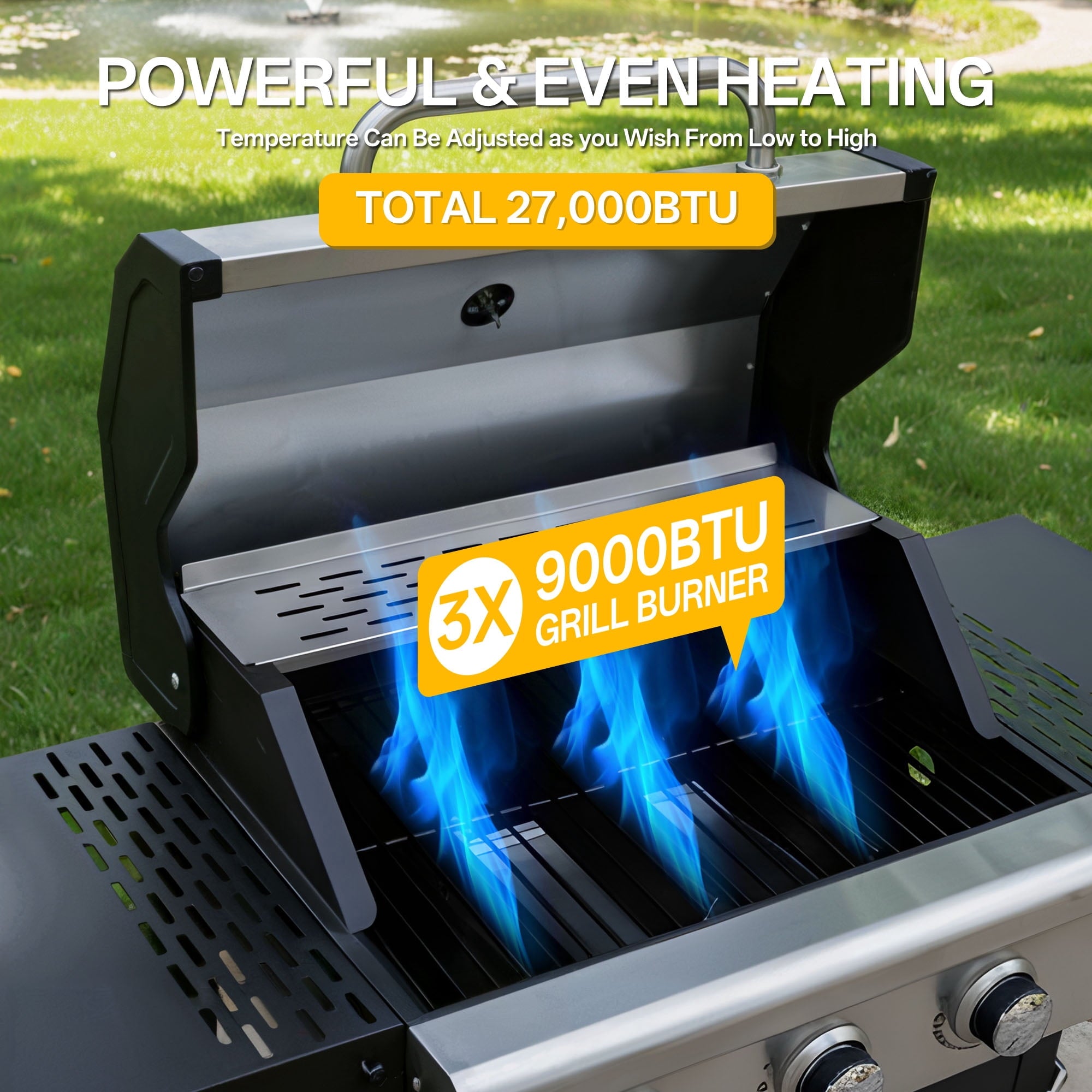 3 Burner Propane Gas Grill, Stainless Steel 36,000 BTU BBQ Grill, Built-in Lid Thermometer, Ideal for Patio Camping Backyard TPUFO