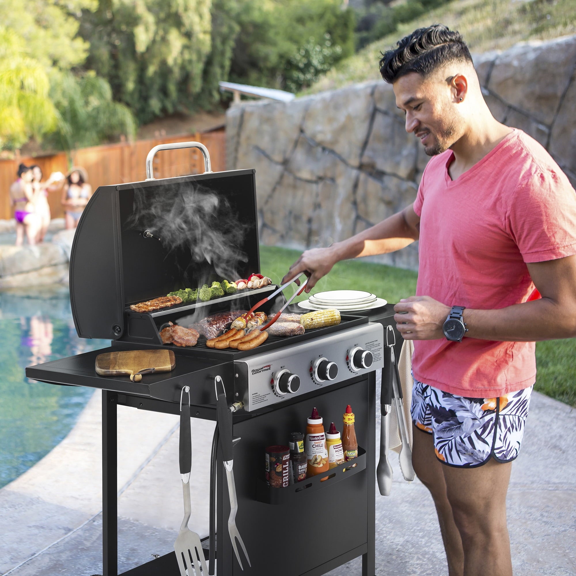 Royal Gourmet 3-Burner BBQ Gas Grill with Front Spice Rack, Two Side Shelves and Hooks, 30,000 BTU, GH3001H Royal Gourmet