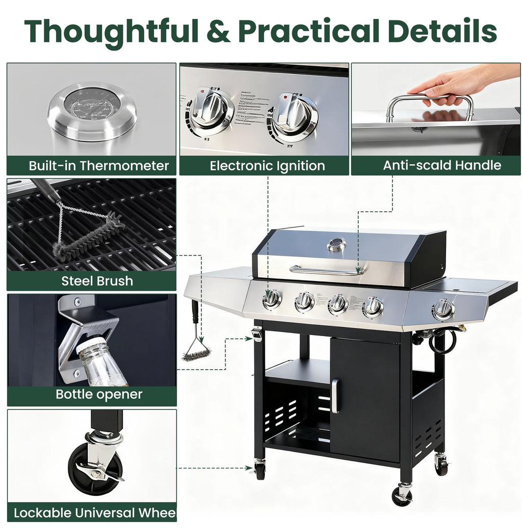 4-Burner BBQ Grill W/Side Burner, 50,000BTU Gas Propane Grill Portable with Storage Cabinet, Heavy-Duty Stainless Steel Outdoor Cooking, with Tank Hook, Towel Rack, Steel Brush Gas Grills
